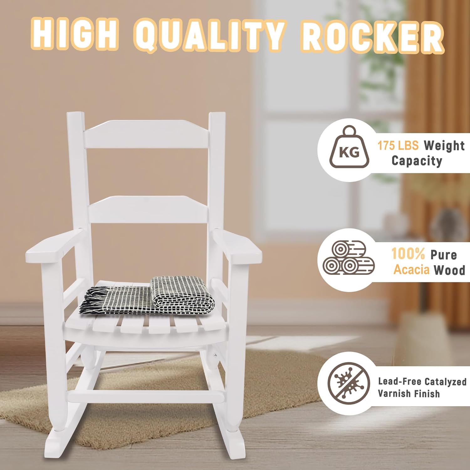 Kids Rocking Chair Toddler Wooden Indoor for Child Comfy Recliner Rocker for Baby Ages 3-6 Outdoor Lounge Children Playroom Anti-Tip Design Safe & Sturdy White