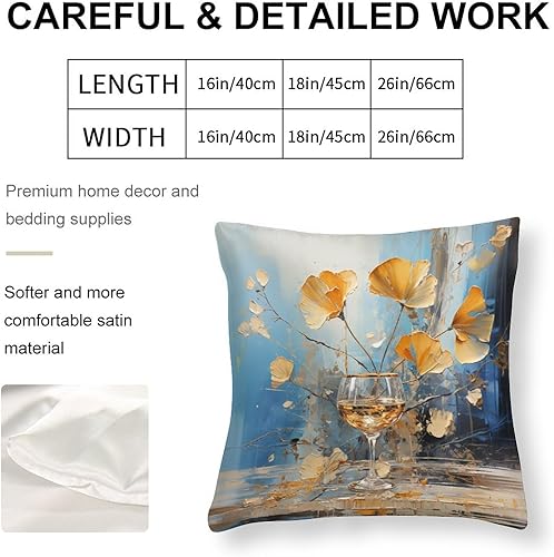 Miniatura 2 de Funda de almohada decorativa de 18 x 18 pulgadas, fundas de almohada decorativas de satén con hojas de ginkgo azules y doradas, fundas de almohada