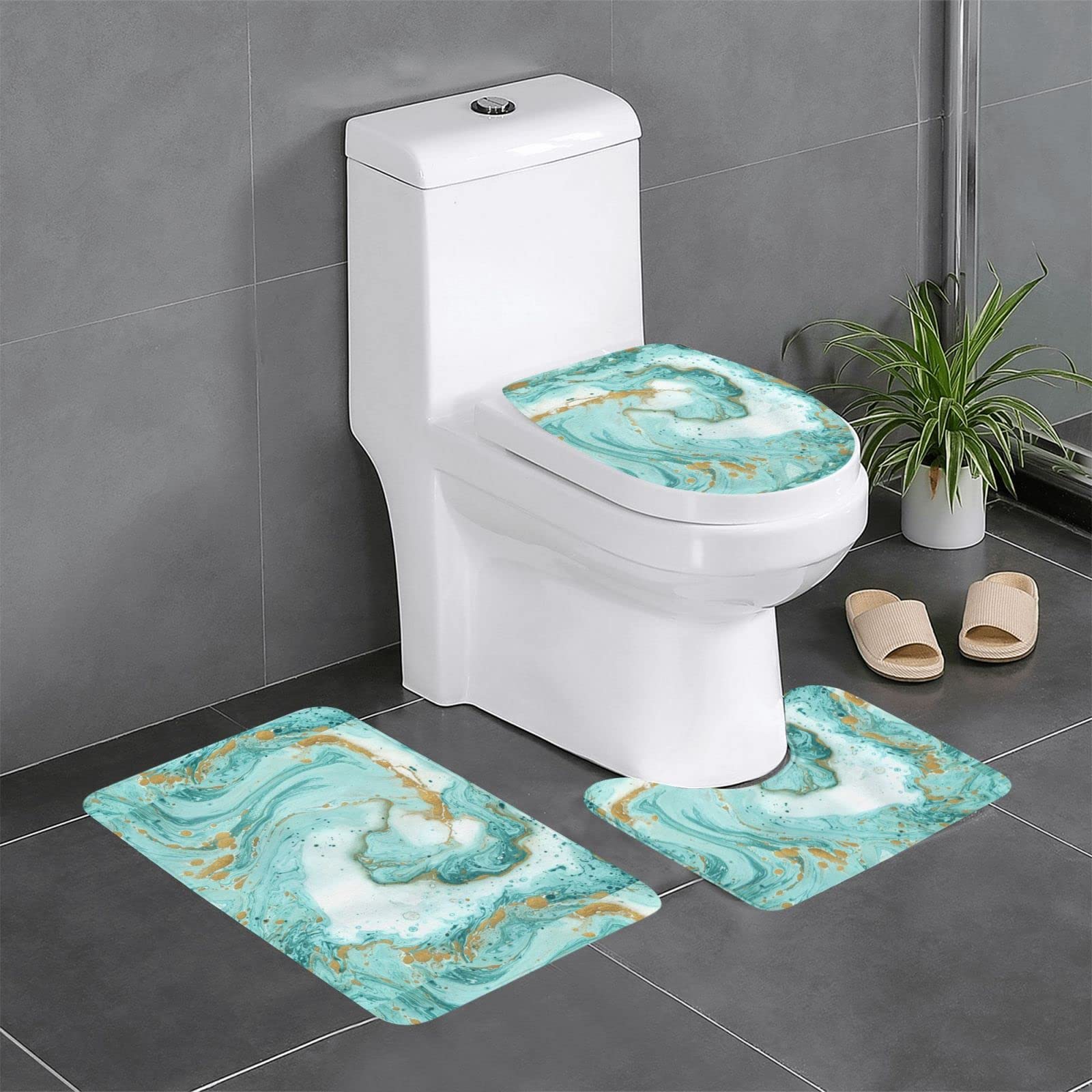 Tapis de sol antidérapants marbre bleu sarcelle en flanelle anti-humidité x3