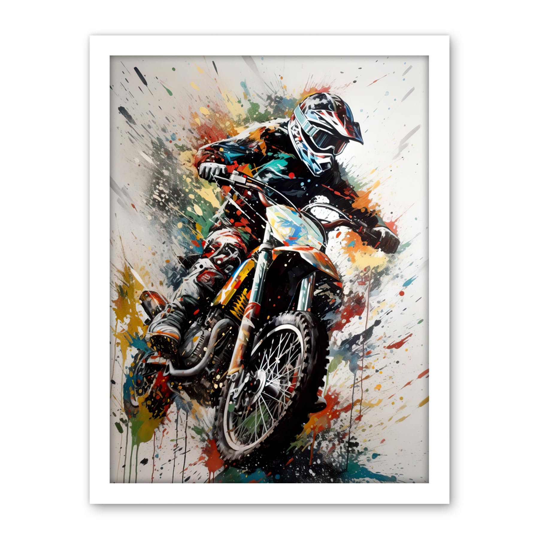 Artery8 Motocross Racer Paint Splat Action Shot Portrait Artwork Framed Wall Art Print 18X24 Inch