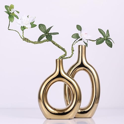 Miniatura 2 de Juego de 2 jarrones de cerámica dorados para decoración del hogar, jarrones dorados brillantes para centros de mesa dorados para mesa de boda, mesa