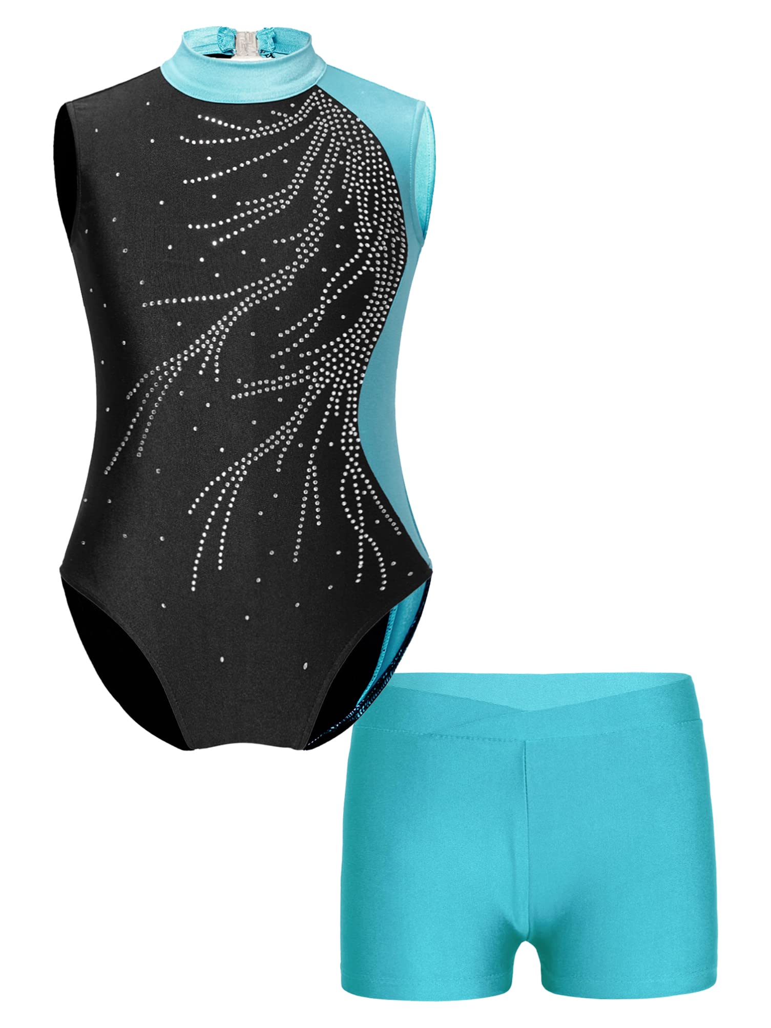 Aislor Conjuntos Deportivos Niño Niña de Patinaje Artistica Maillot Brillante sin Manga con Pantalones Cortos Solido Mono Elastico Disfraz Gimnasia Danza