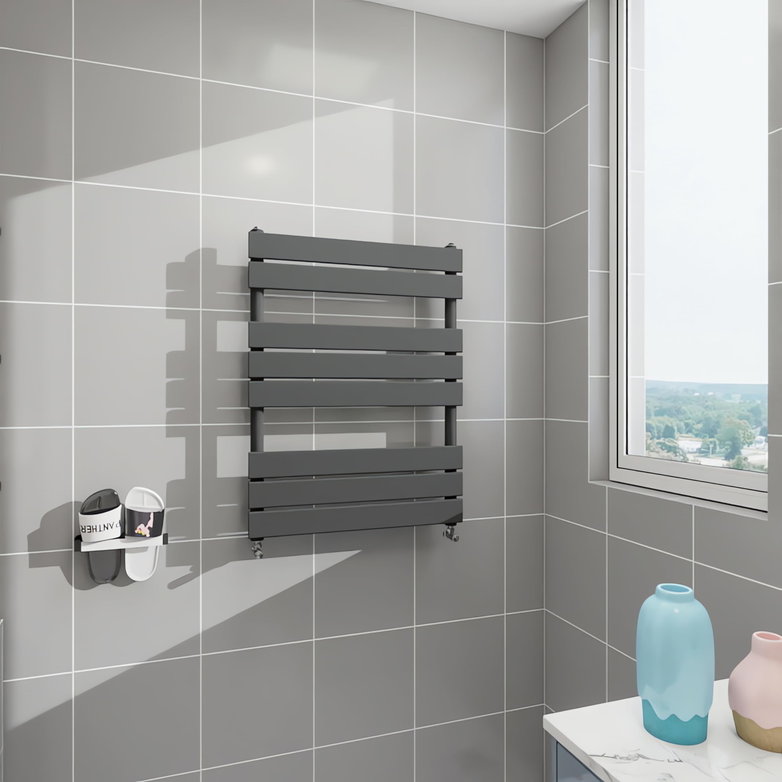 Morden Bathroom Flat Panel Heated Towel Rail Radiator,Wall Mounted Central Heating Ladder Rad 800X600mm Anthracite