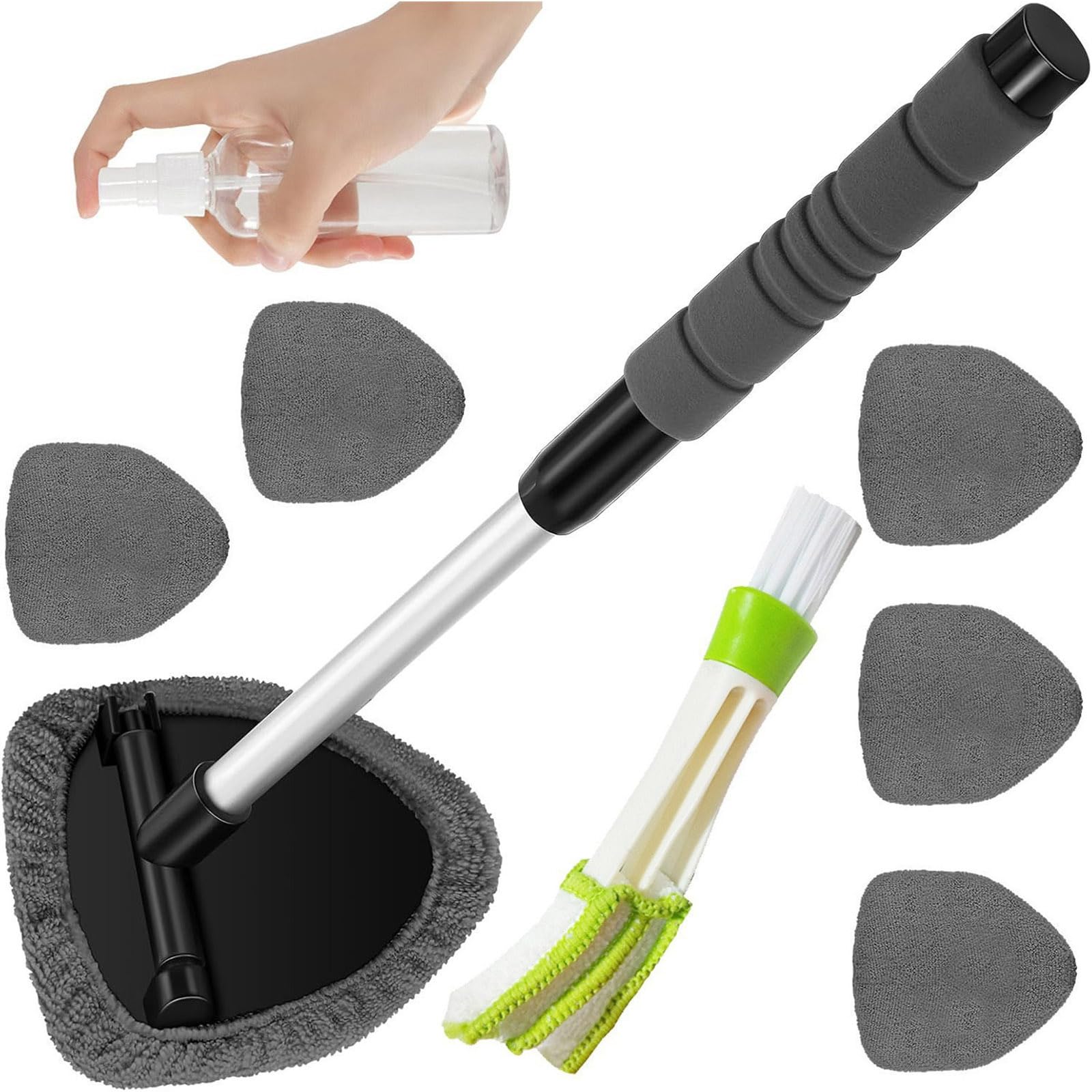 Tsophreniq Grey Windshield Scrubber With Extendable Handle & 6 Washable Microfiber Pads For All Vehicles Microfiber Car Window Scrubber