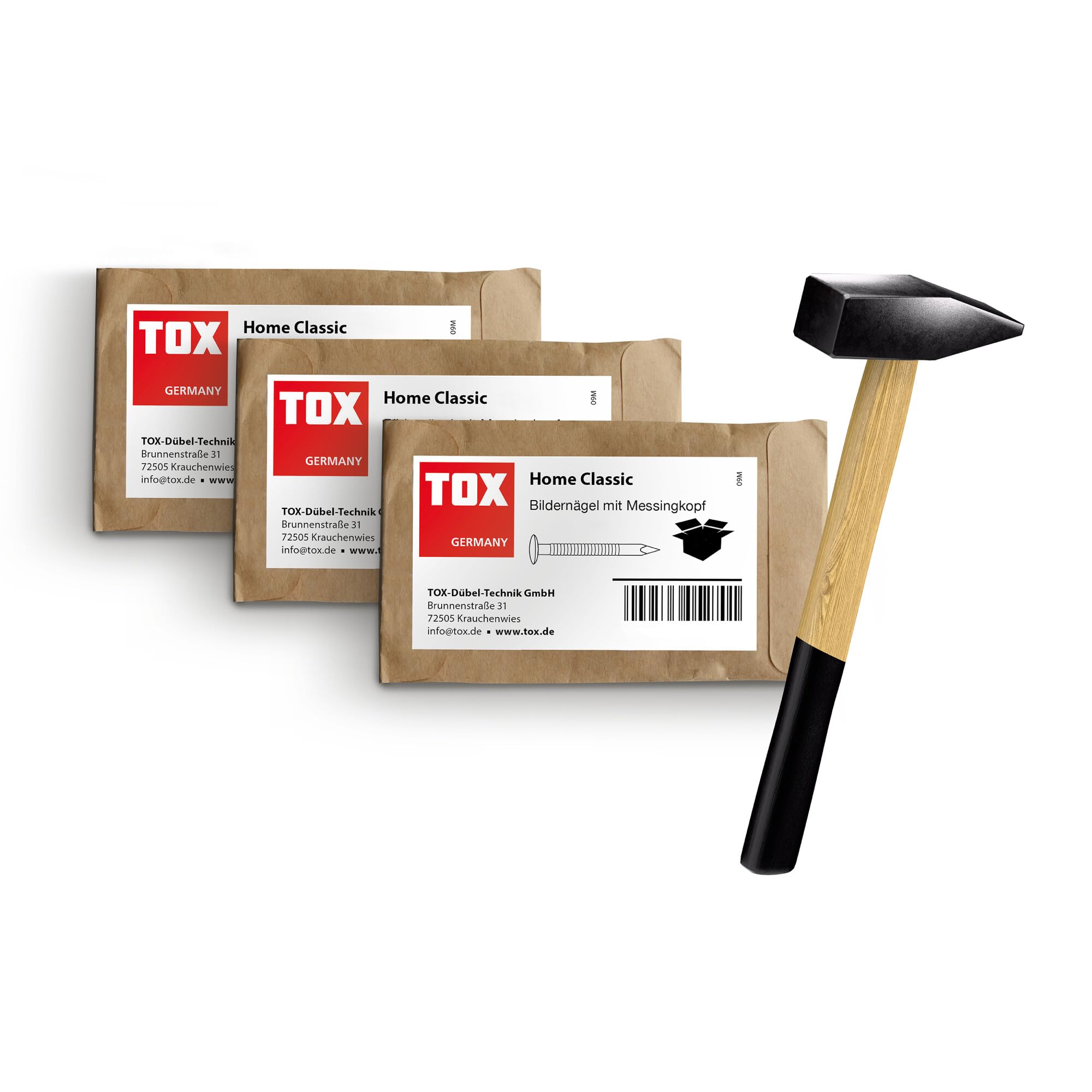 Chiodi TOX Home Classic in 3 misure + martello da fabbro 300 g, chiodi in acciaio temprato con testa in ottone, misura 2,0x20/25/30 mm (20 pezzi ciascuno), 063909001