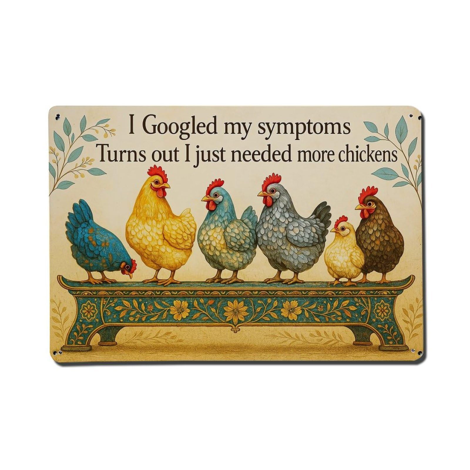 Colorful Chickens On Ornate Bench Metal Tin Sign Plaque