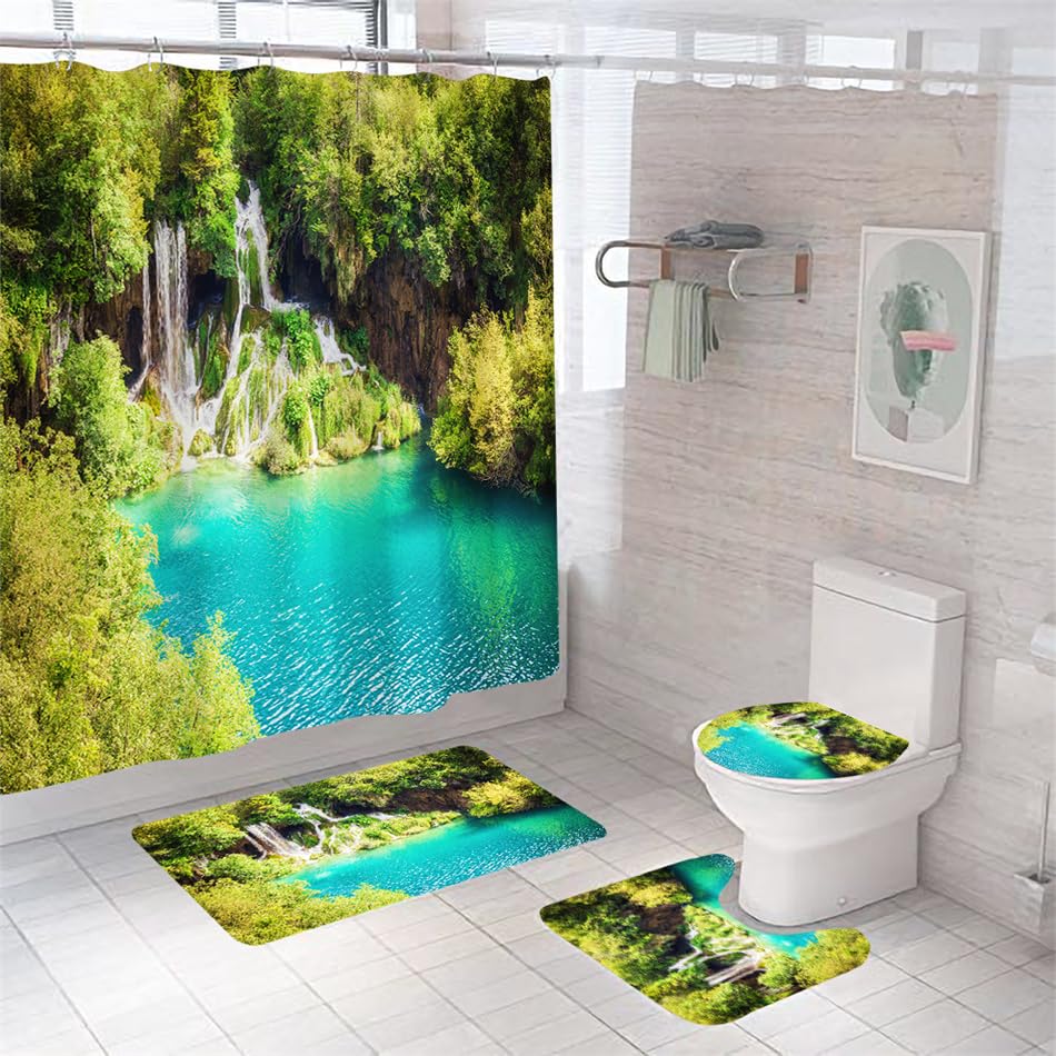 Badezimmerteppich Wasserfall Badteppich rutschfest Waschbar Badgarnitur 3 Teilig – Badematte Set Mit Wc-Vorleger Und Badematte,Teppich Badezimmer Für Sicherheit Und Komfort Im Bad 50×80Cm