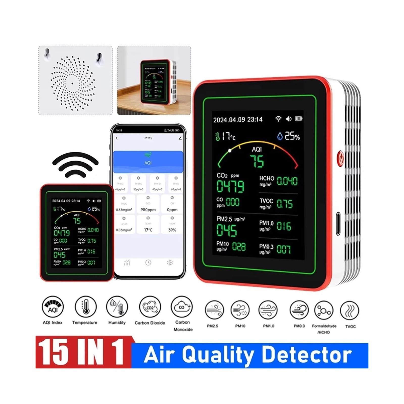 Air Quality Monitor, Rilevatore Di Qualità 'aria WiFi 15 In 1 CO CO2 PM0.3 PM1.0 PM2.5 PM10 Tester Portatile Misuratore Umidità A Temperatura(WHITE)
