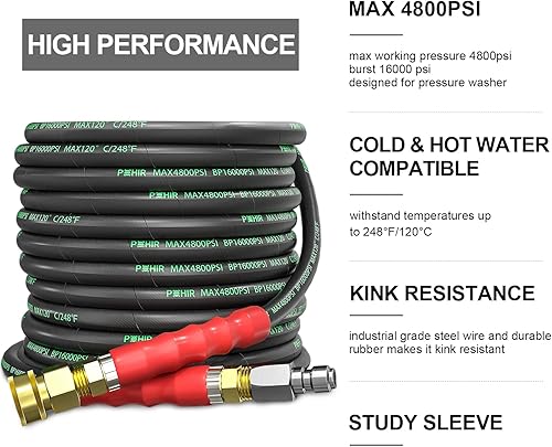 Miniatura 4 de POHIR Manguera de lavado a presión de 38 pulgadas, 50 pies para agua fría y caliente, máximo 248 F con conexión rápida, alambre de acero trenzado de