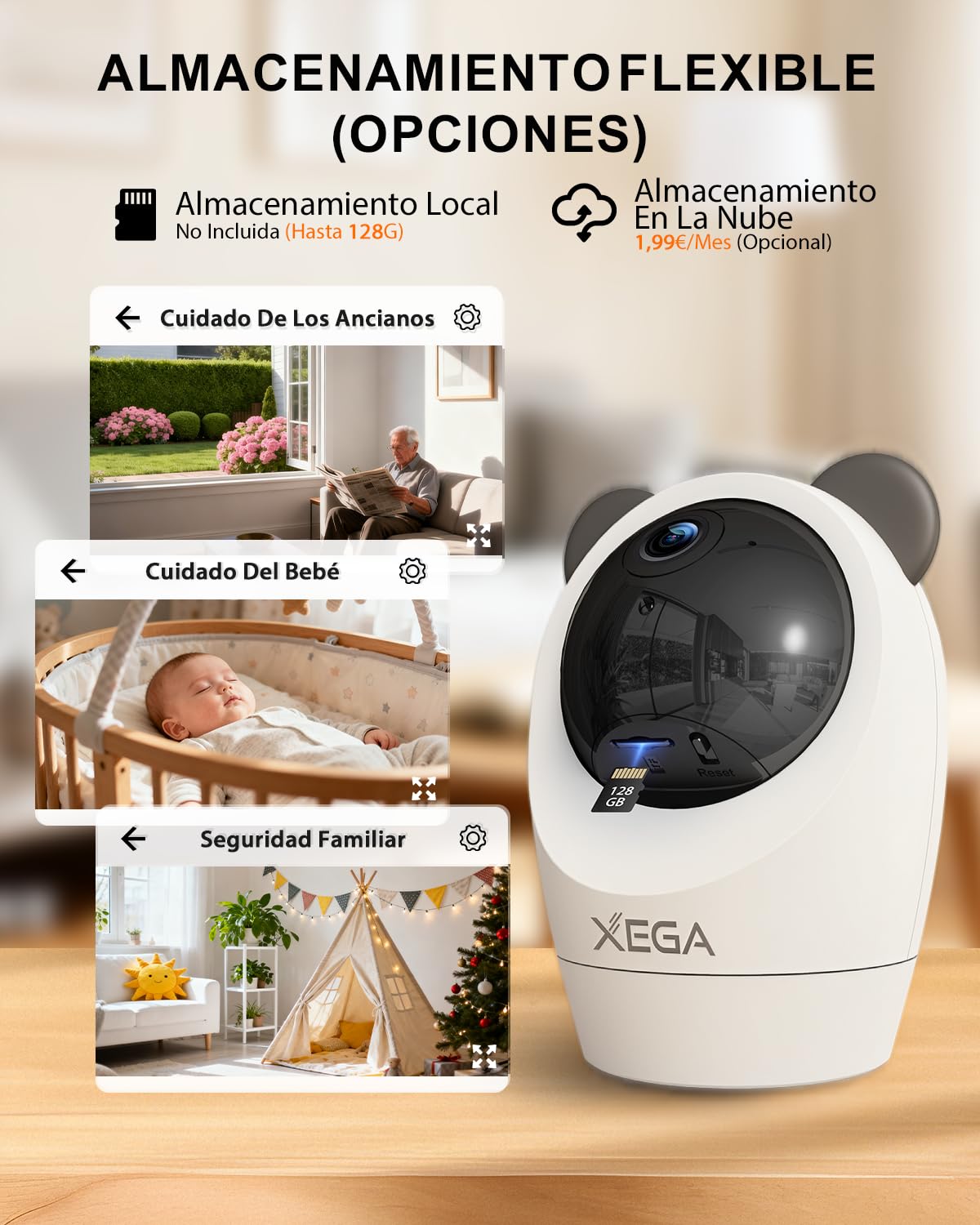 Xega 4G Cámara Vigilancia Interior con Tarjeta SIM,24/7 Grabación Continua Camara sin Wi-Fi,355°P 60° T, 2K Visión Nocturna,Detección PIR,Audio Bidireccional,TF & Cloud,Personas/Mascotas/Ancianos