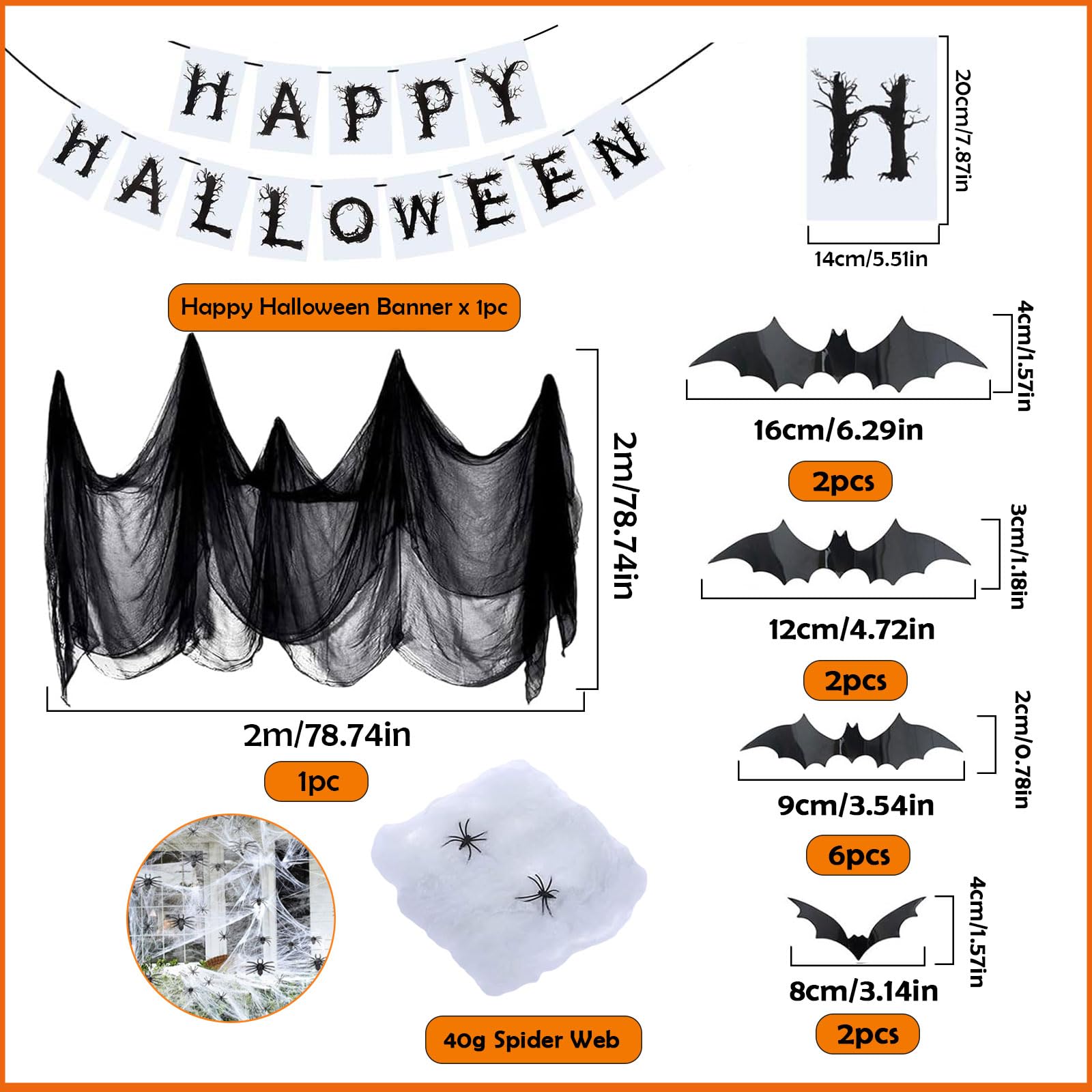 Kit Décoration Halloween - Banderole, Gaze Noire, Araignées, Ballons, Chauves-souris - Betensh - 3