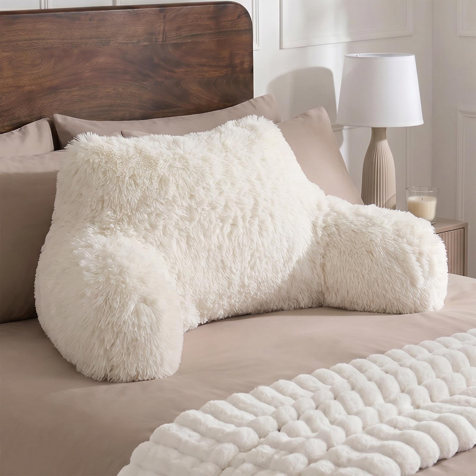 OHS Long Hair Cuddle Cushion Chair Shaped Cushion For Bed, Ivory