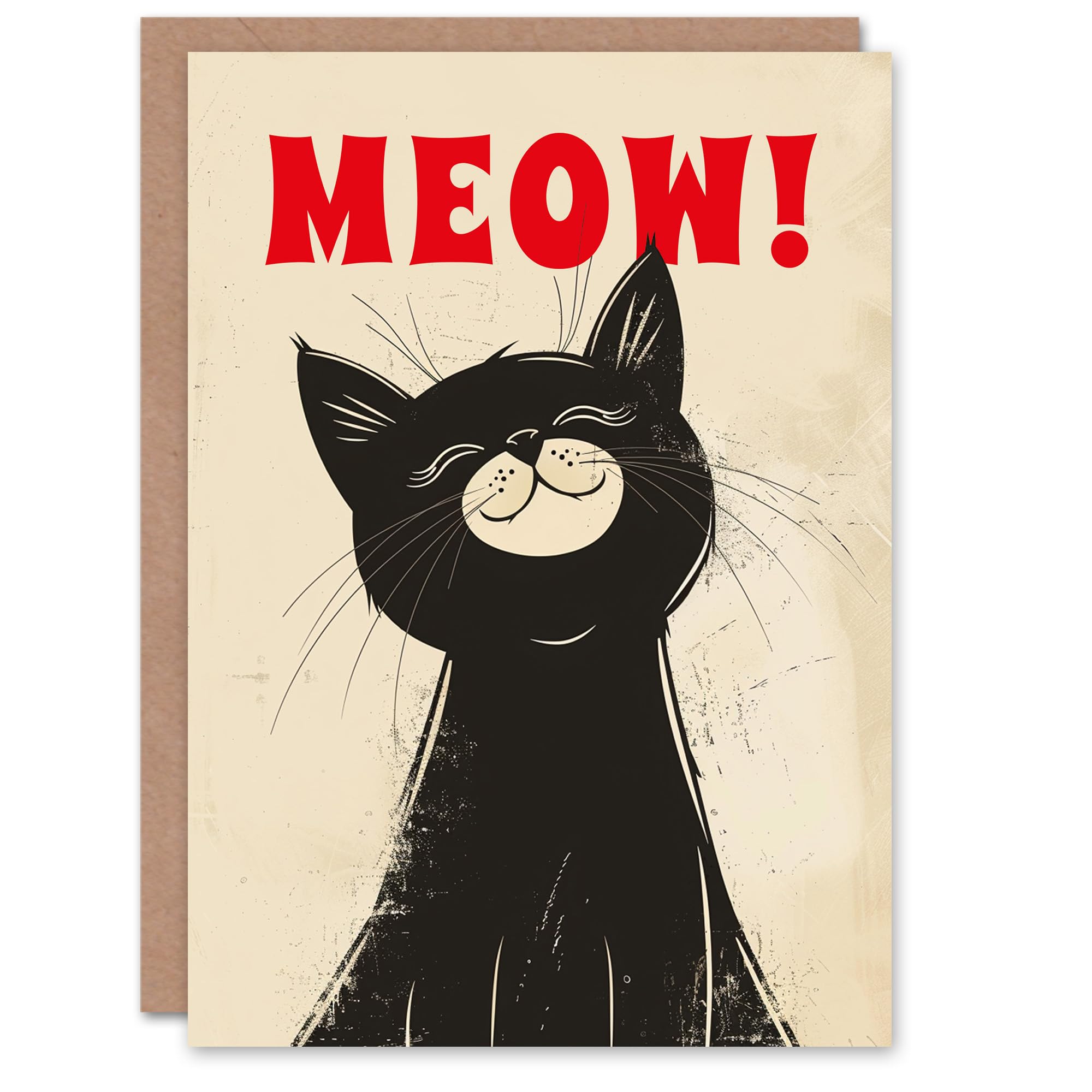 Artery8 Birthday Card Happy Black Kitty Retro Cartoon Cat Lover Meow Blank Arty Art All Occasion Greeting Card