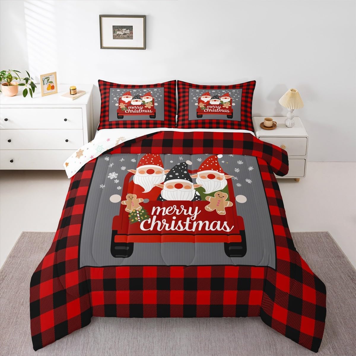 Erosebridal Kids Xmas Comforter Set Christmas Bedding Queen for Boys Girls Merry Christmas Bedding Comforter Sets Red Grids Duvet Sets Happy New Year Gifts Christmas Decor Quilt