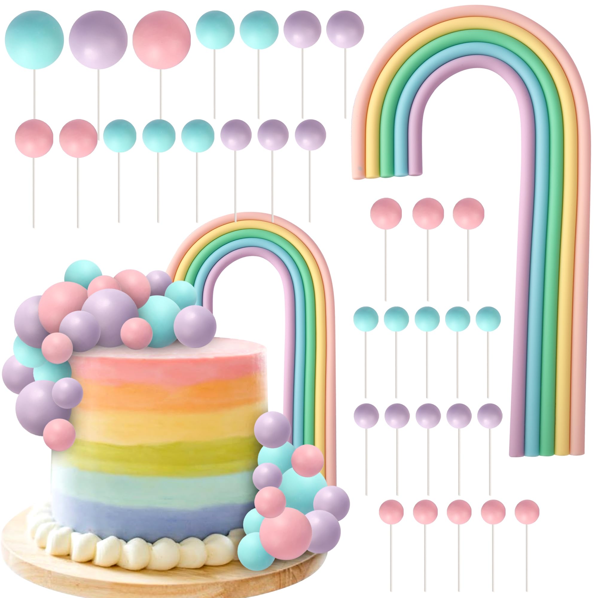 34 Stück Boho Kugeln Tortendeko Regenbogen Kuchen Deko Natürlicher Mini Schaum Kugel Cake Toppers DIY Kugel Kuchen Dekorationen für Baby Dusche Kinder Geburtstag Hochzeit Jahrestag Party Lila Gelb