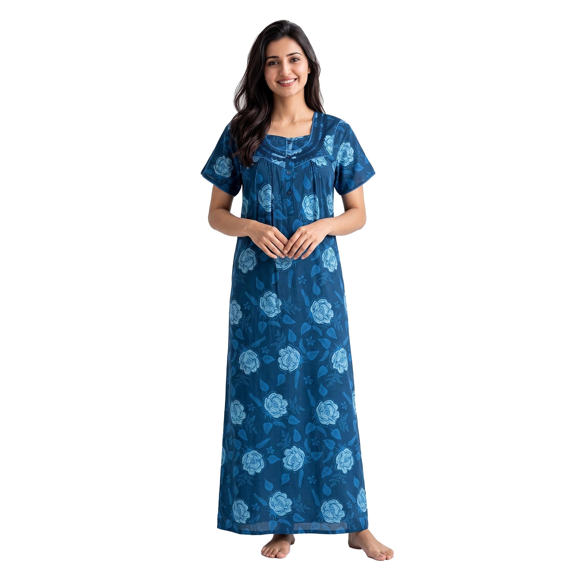 juliet Women's Poly Viscose Printed Full Length Nighty Soft & Breathable Short Sleeve Night Gown Comfortable Sleepwear for Women JSS-14074-M-NAVY Blue-picture-31