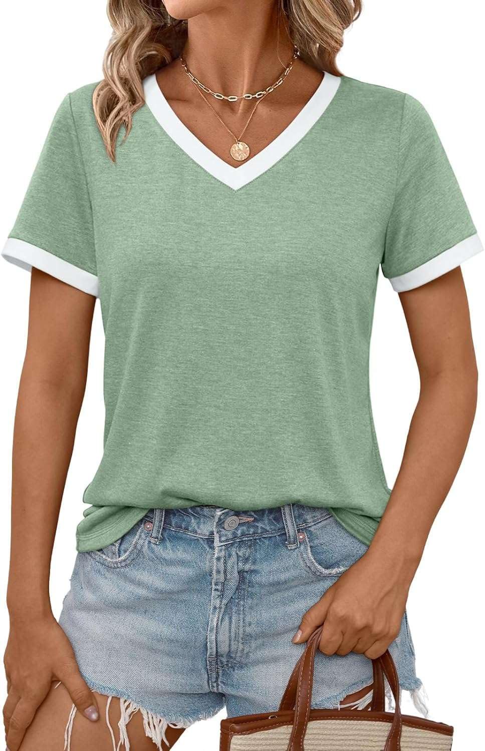 Pawate Damen Tshirt Kurzarm V-Ausschnit Oberteil Sommer Tops Elegant Tunika Bluse
