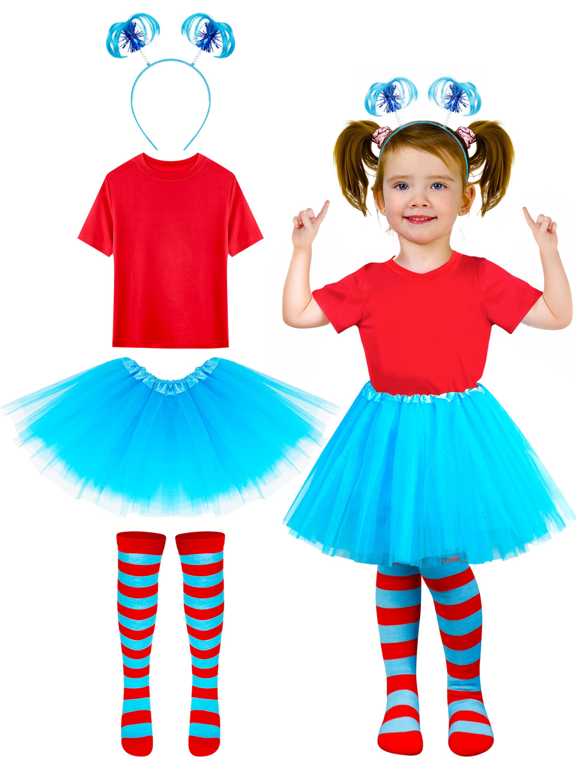 Blue Tutu Cosplay Set, 4PCS Tulle Tutu Skirt Ponytail Headbands Blue Red Striped Gloves High Knee Socks Girl Costume