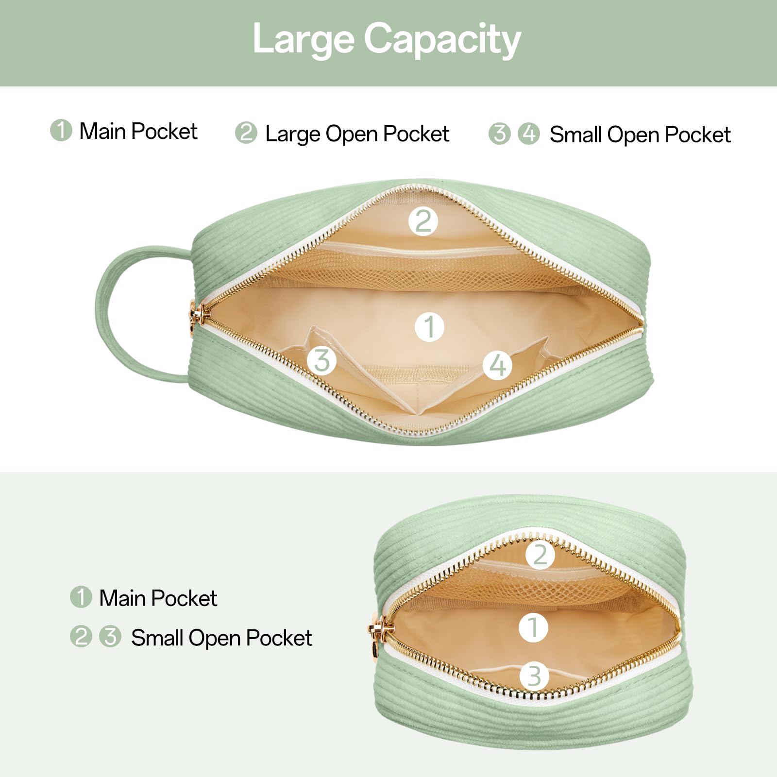 KALIDI Makeup Bag for Women Corduroy Make Up Pouch with Metal Ring Zipper Portable Cosmetic Organizer Travel Toiletry Make-up Bag for Handbags - Image 3