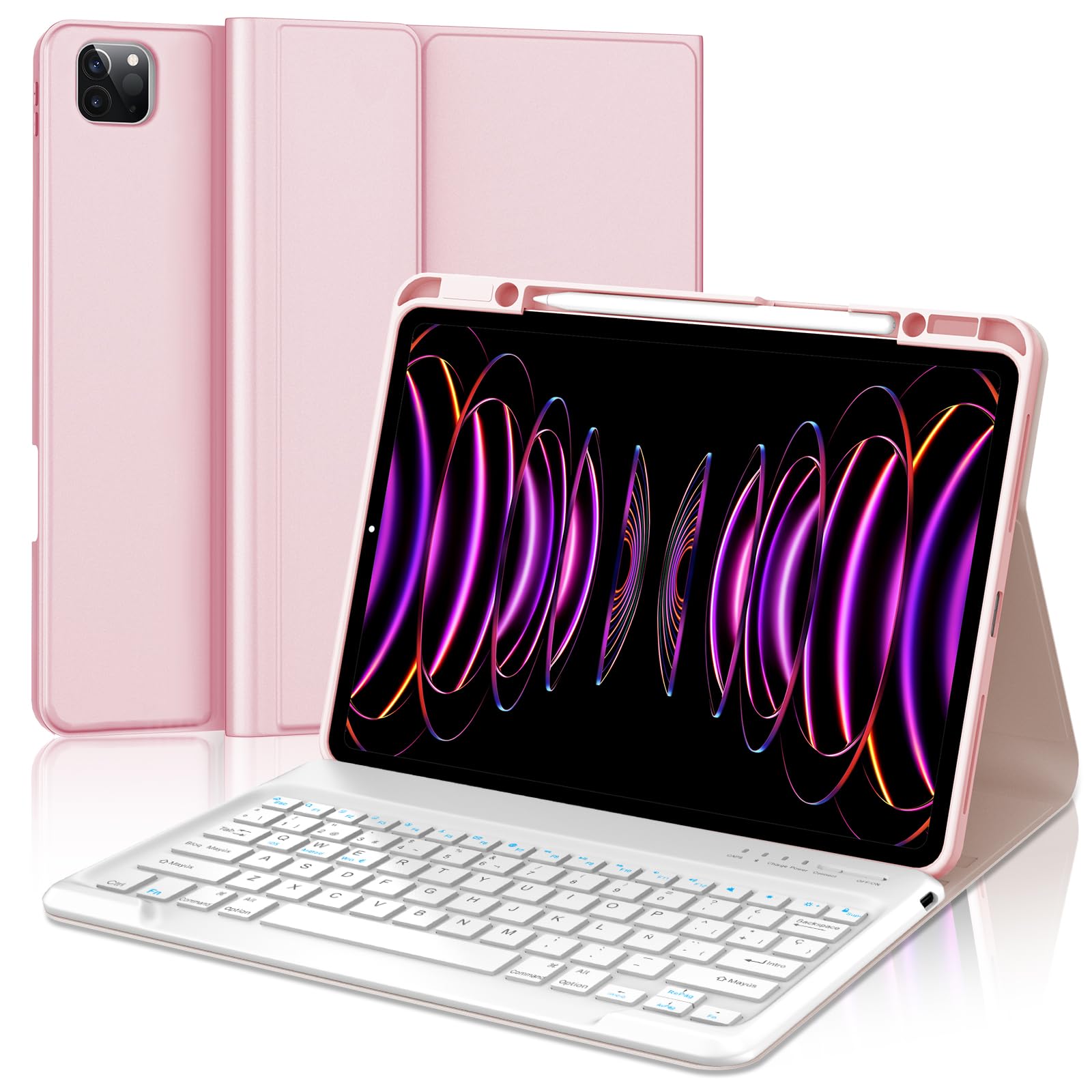 Funda Teclado para iPad Pro 12.9'', Español Ñ Tecla para iPad Pro 12.9 Pulgadas 6/5/4/3 Generación, Teclado Bluetooth Desmontable para Air 13'' M2 2024, Rosa