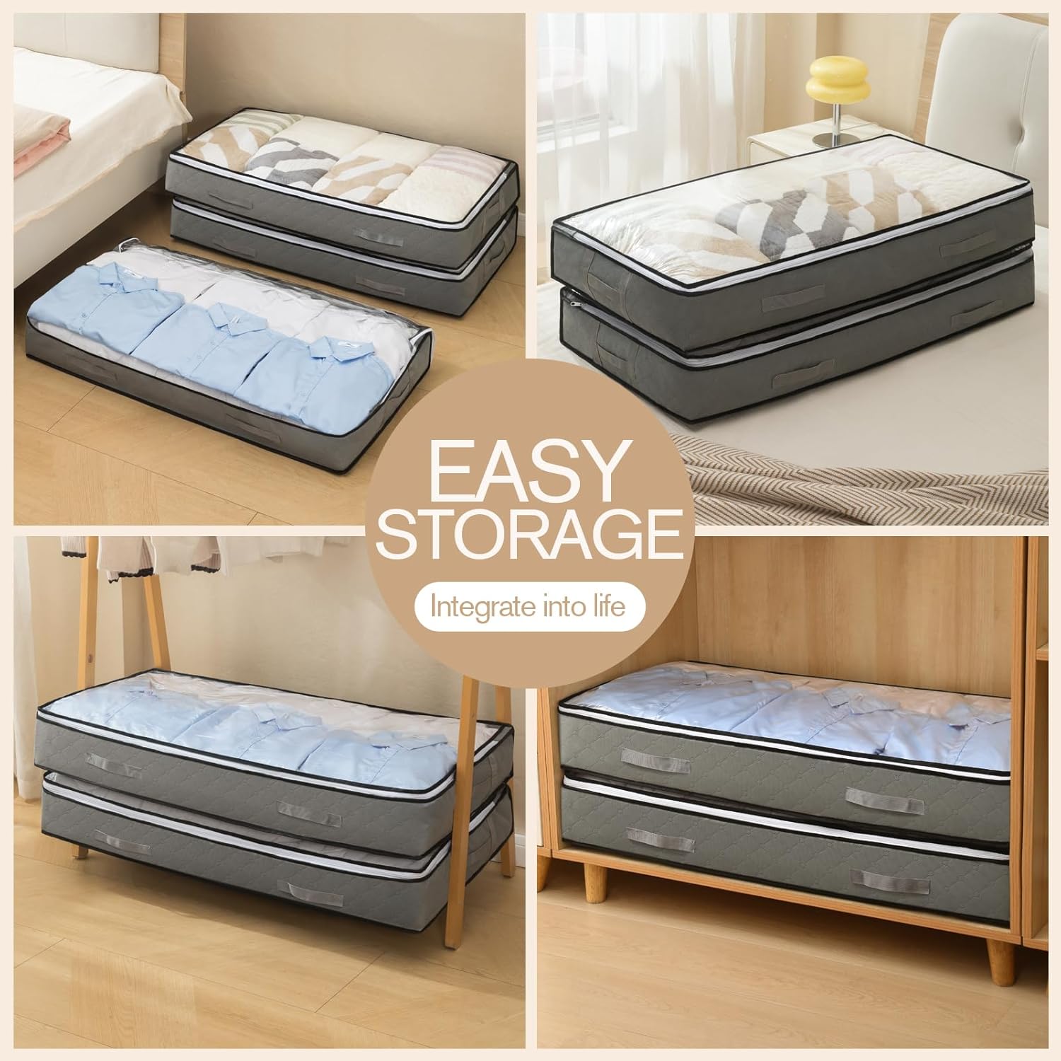 90L Under Bed Storage Containers, Foldable Grey Underbed Storage Bags - Closet Organizers and Storage Bins for Wrapping Paper, Blanket, Clothing, Comforter, Sweaters, Pillows, Linen Sheets - Image 4
