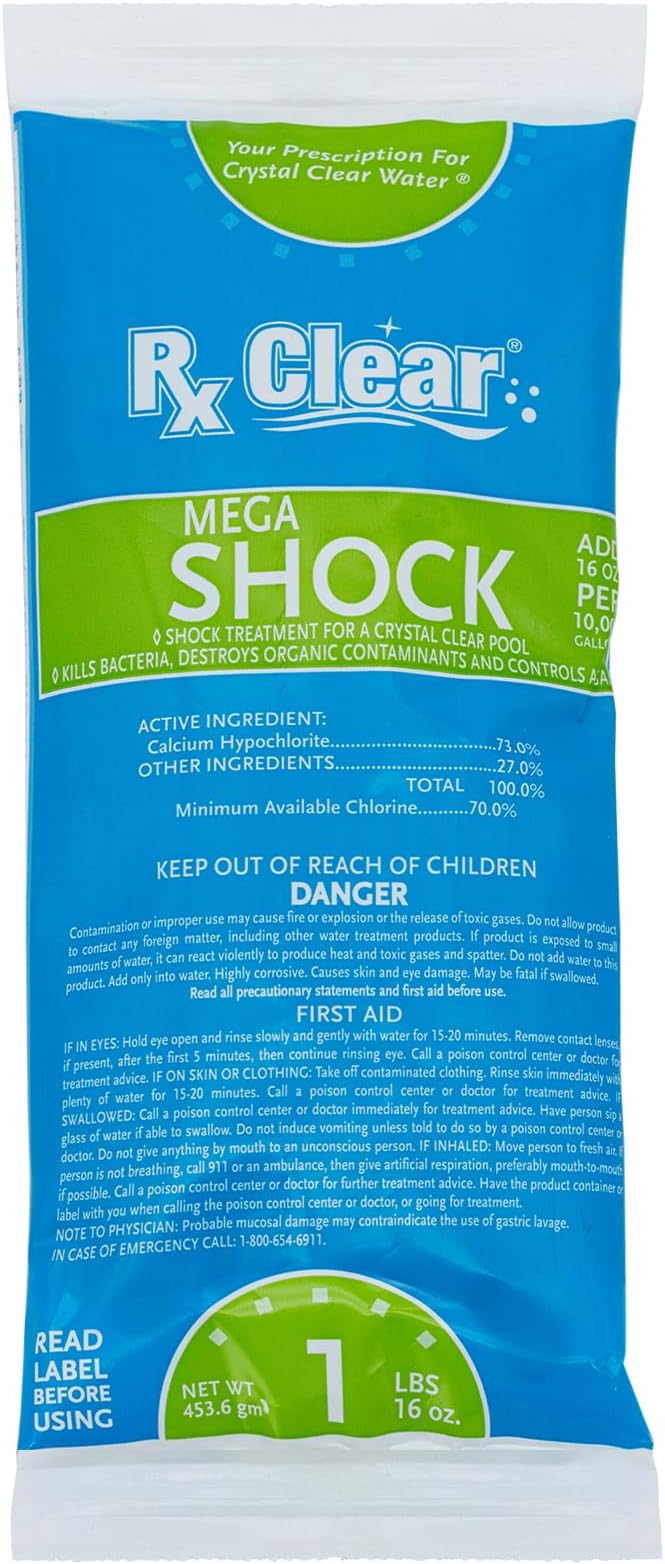 Rx Clear Mega Shock | 73% Calcium Hypochlorite | Kills Algae in Swimming Pools | Works As Pool Sanitizer Clarifier and Algicide | One Pound Bags | Single Pack