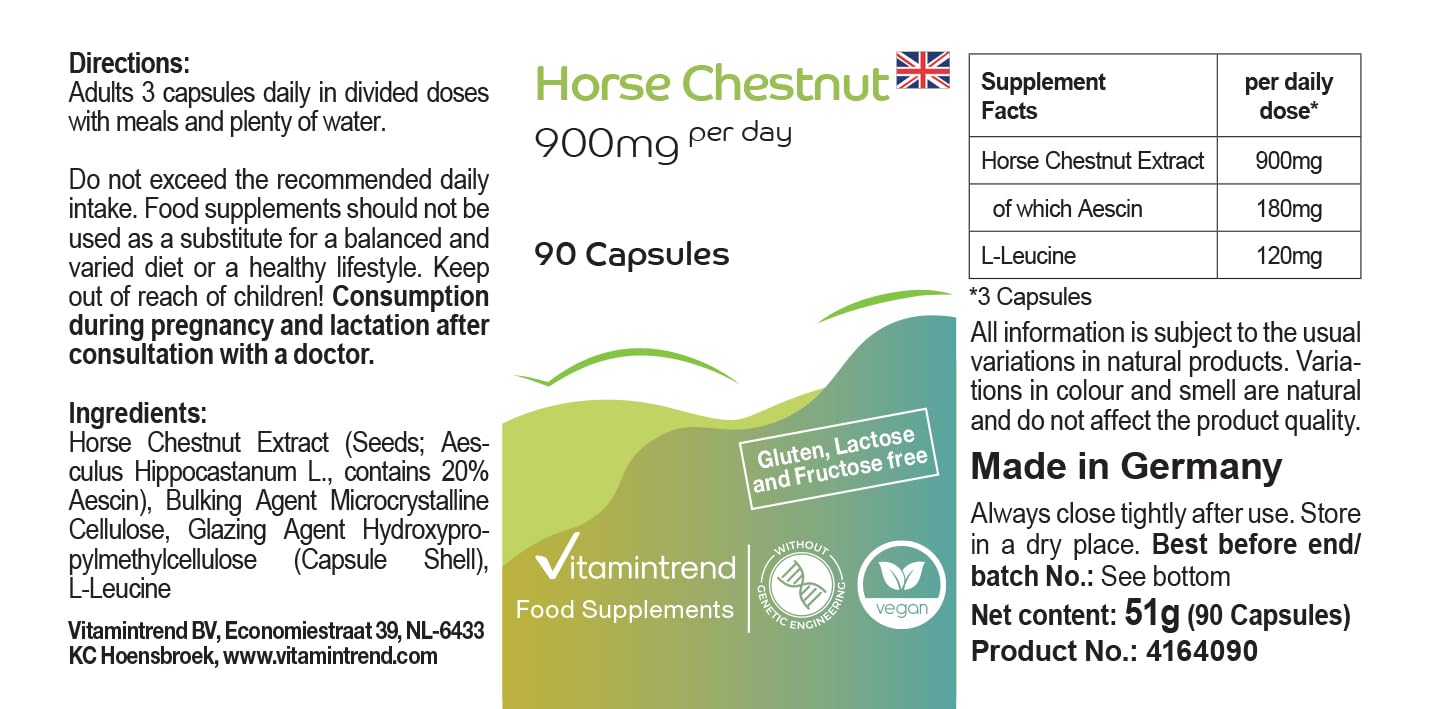 Vitamintrend Marronnier d'Inde 900 mg par jour, 90 gélules, facile à avaler, 20% d'aescine, hautement dosé, complément alimentaire vegan sans stéarate de magnésium, fabriqué en Allemagne