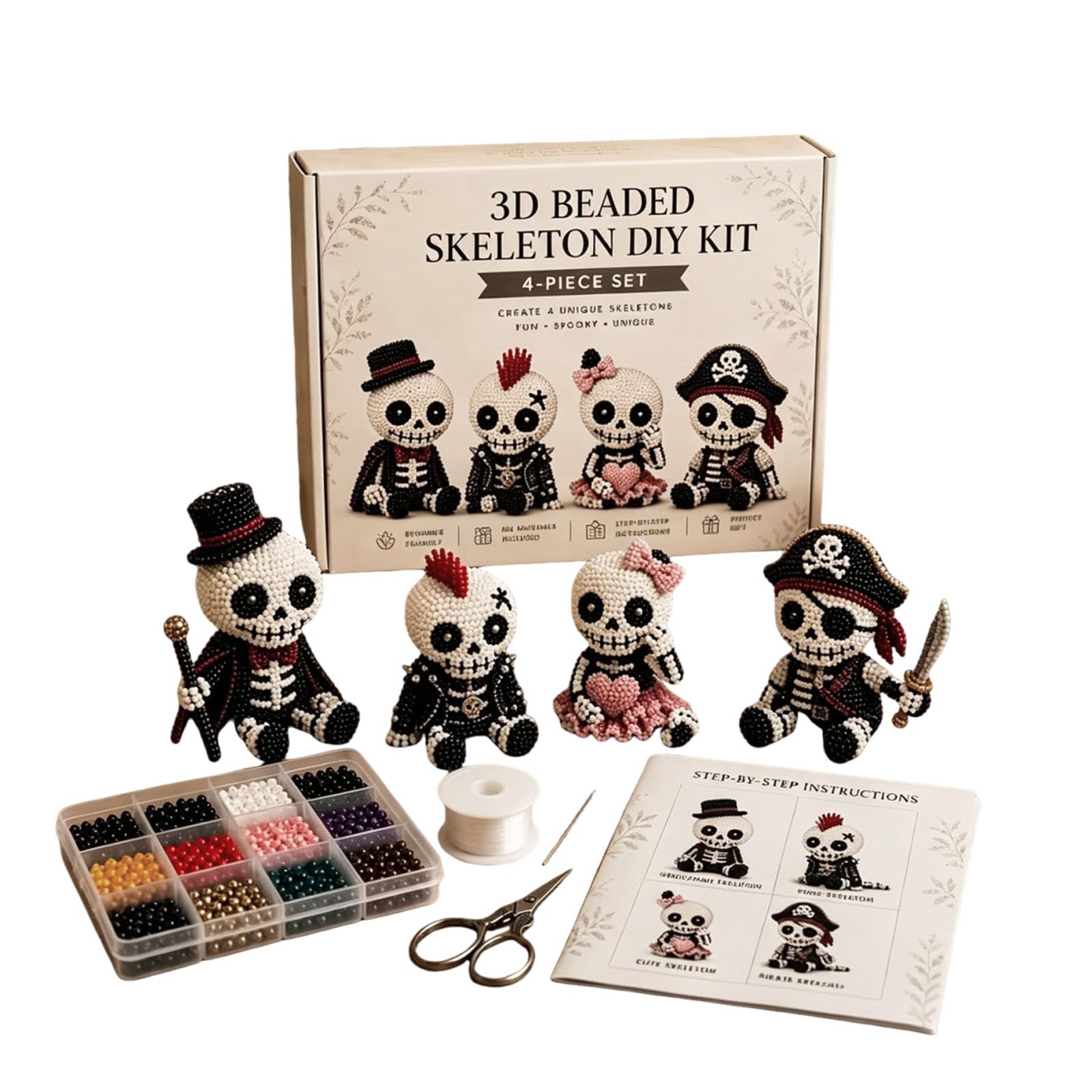 4Pcs Handmade Skeleton Figurine Making Kit with Beads and Instructions Cute Skeleton Beading Set Beginner-Friendly for Teens Adults Home Decor Gift