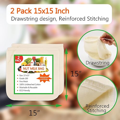 Miniatura 2 de Paquete de 2 bolsas de leche de nueces de 15 x 15 pulgadas para colar, bolsa de estopilla reutilizable, 100% tela de algodón sin blanquear, colador
