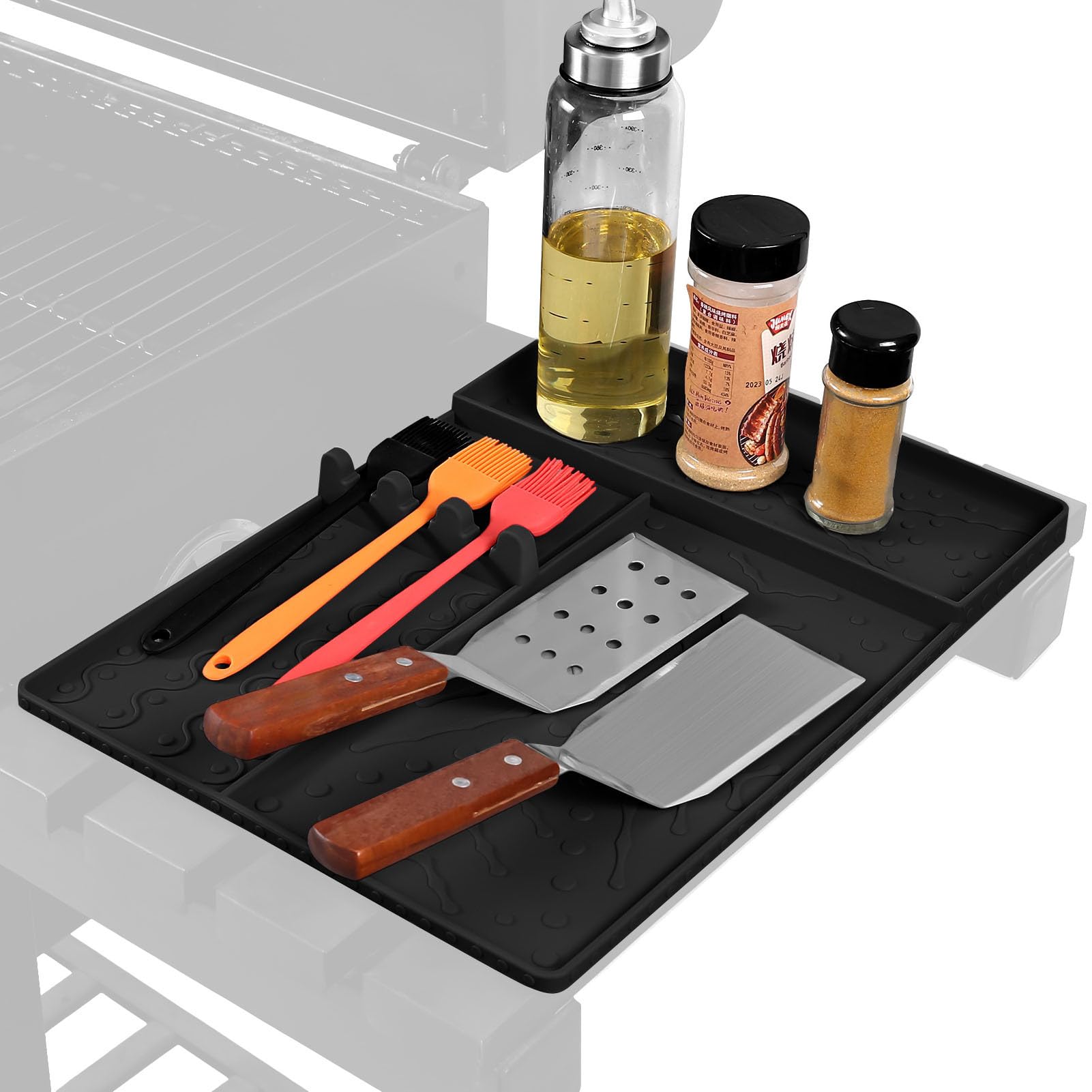 Tapis de barbecue et support pour spatules en silicone noir