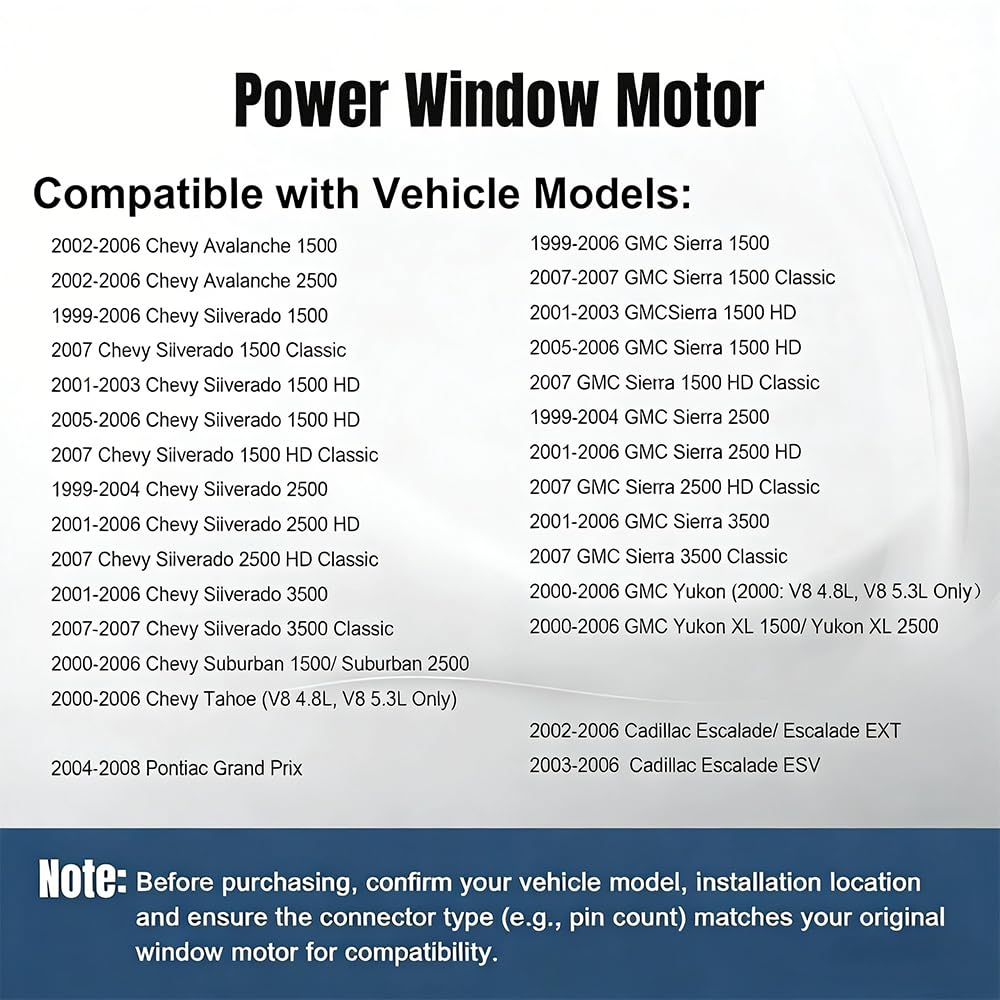 Power Window Lift Motor Compatible with Chevy Tahoe, Avalanche, Silverado, GMC Yukon, Sierra 1500 2500 3500, Front or Rear Left Driver Side, 742-122