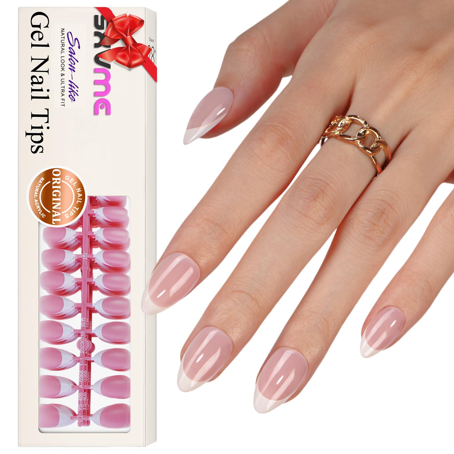 SXVME Gel French Tip Nails Short Almond Press on Nails White Tips 300Pcs Pre-applied Primer Natural Pink Fake Nails Extensions Kit for Women Girls DIY