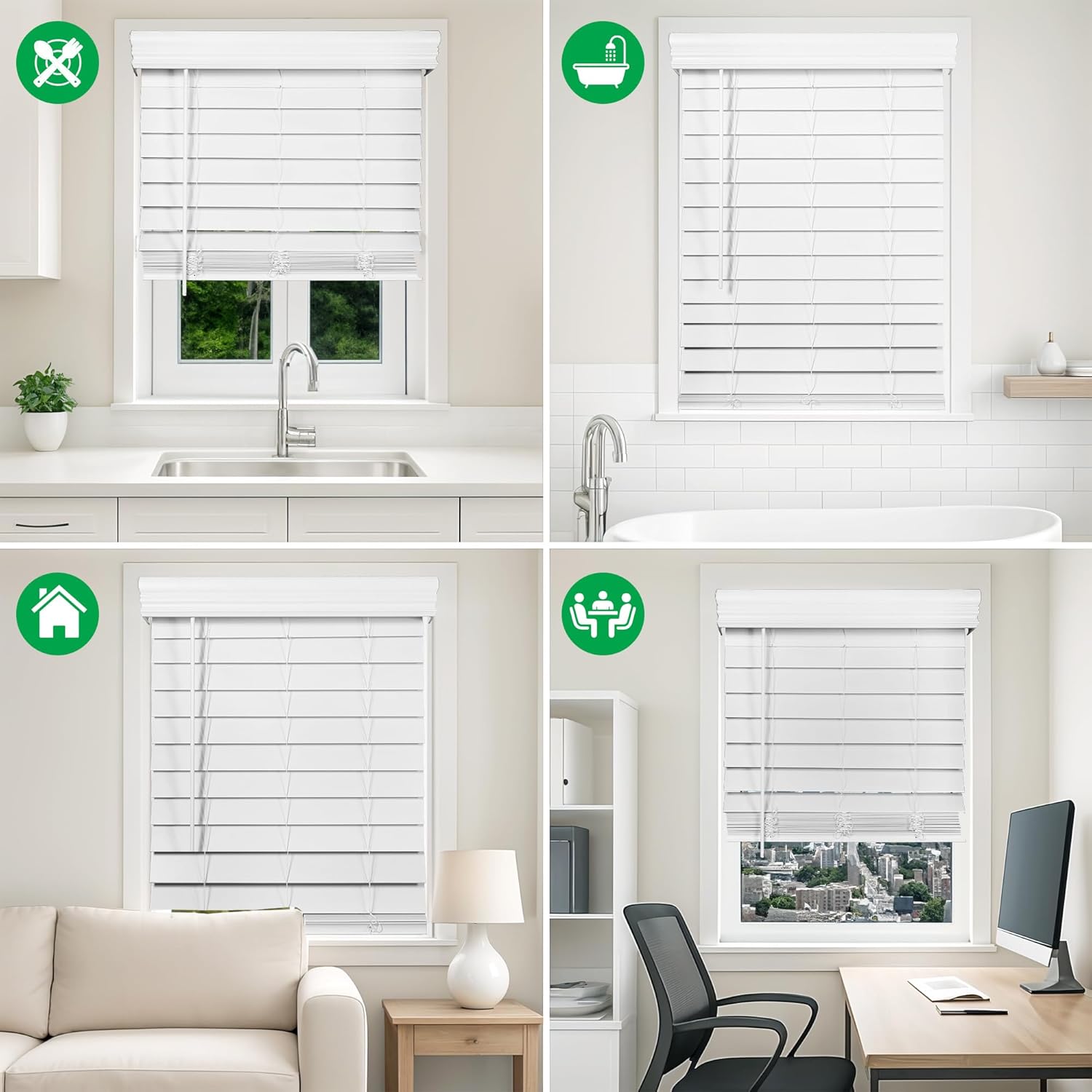 Calyx Interiors 2.5-Inch Cordless Faux Wood Blinds – 34" W x 60" H, White Ultra-Privacy Window Blinds for Indoor Windows, Superior Views (Actual Size 33.5 in. W x 60 in. H)