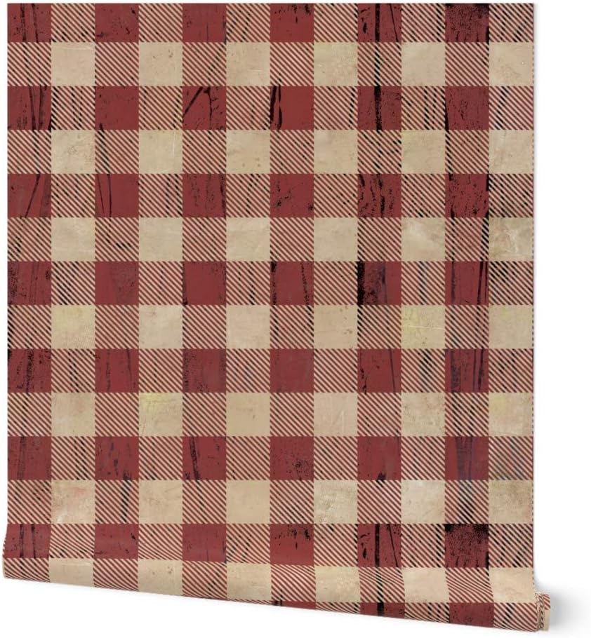 Peel & Stick Wallpaper 3ft x 2ft - Buffalo Plaid Rustic Red Earthy Brick Weathered Look Distressed Tan Mountain Lumberjack Custom Removable Wallpaper by Spoonflower