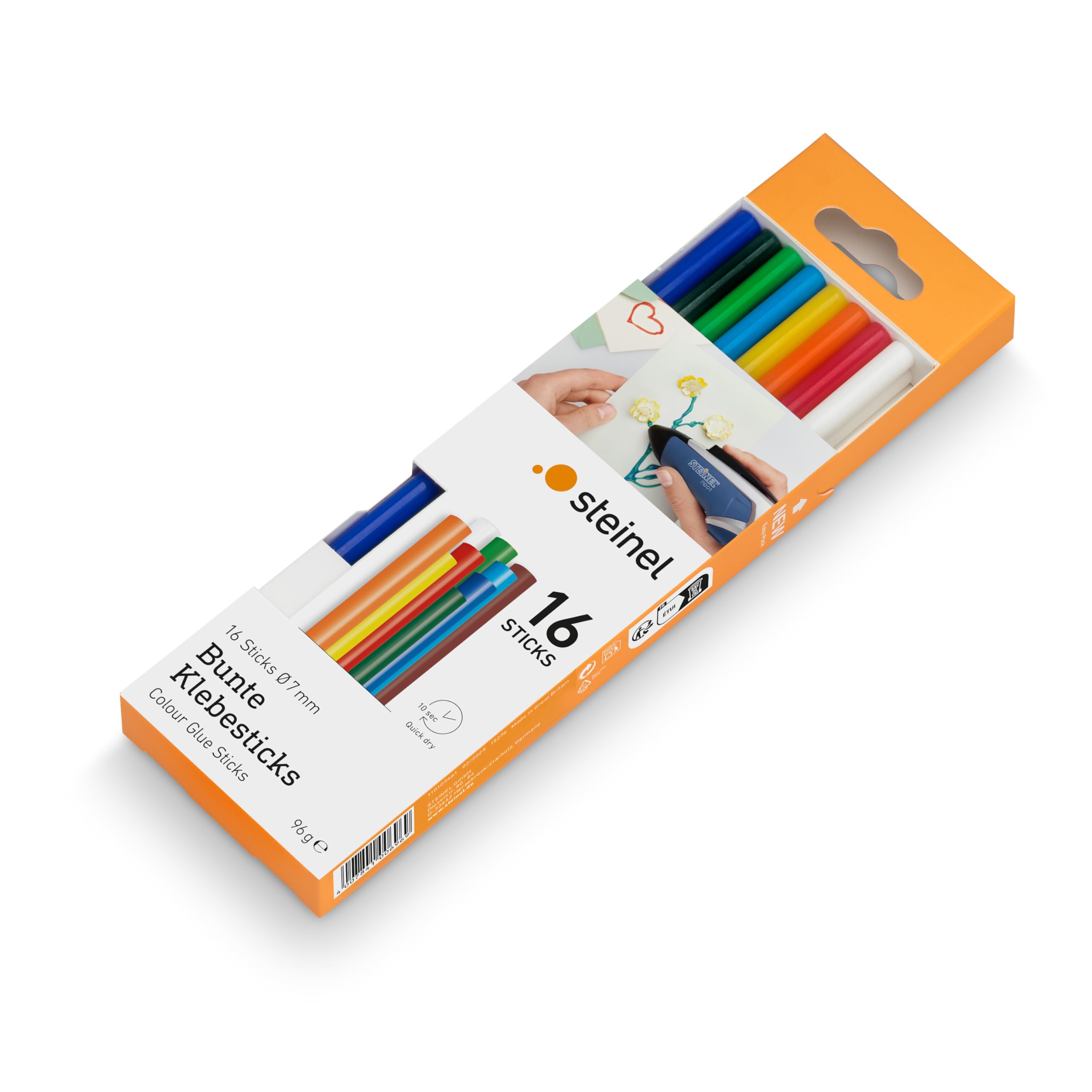Steinel Stick di colla Colour con diametro di 7 mm, cartucce di colla a caldo lunghe 150 mm, collante universale colorato per diversi materiali, confezione da 96 g, 16 pezzi, 006969