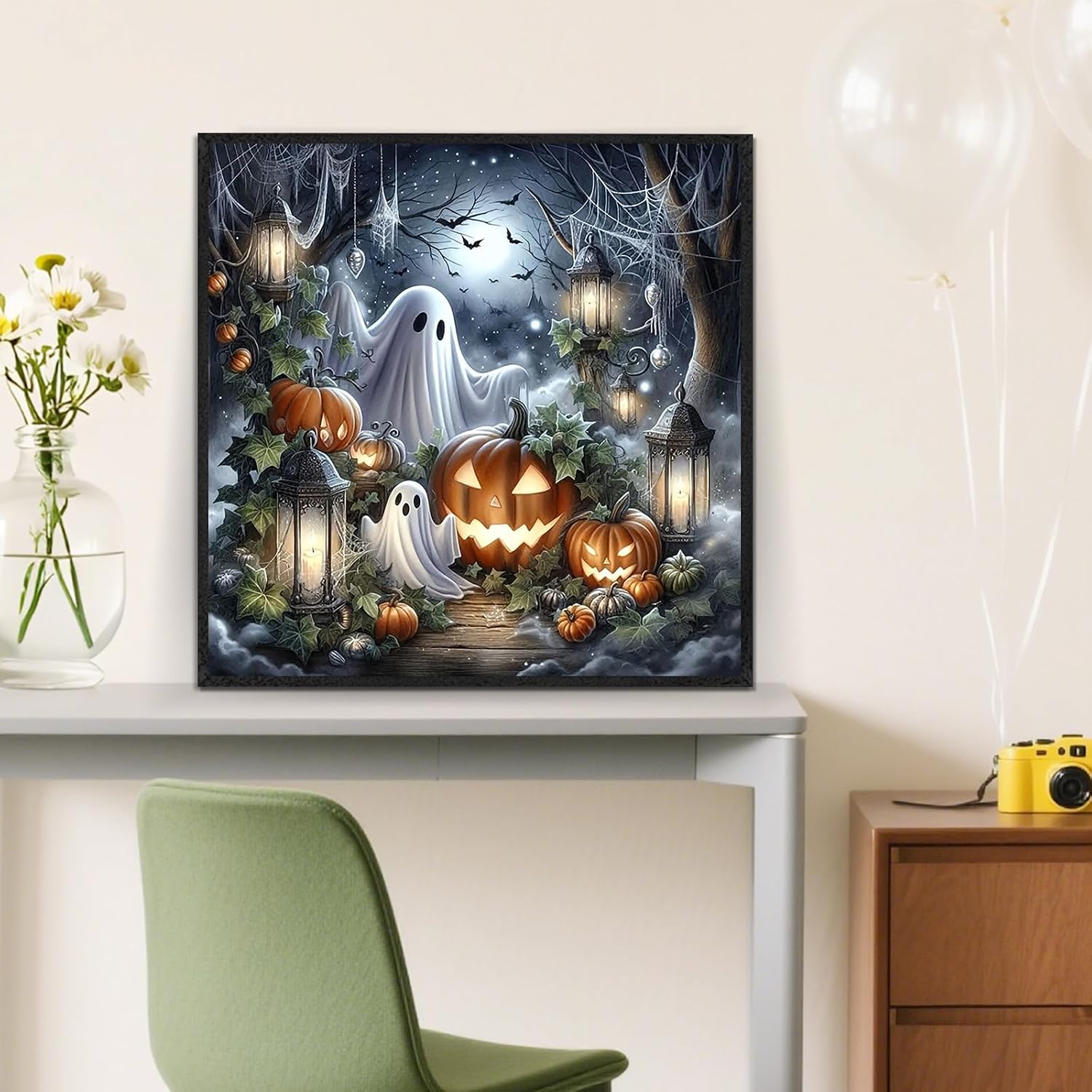 Halloween Ghost Pumpkin Moon Diamond Art Kits for Adults, 5D Diamond Painting Kits for Adults Beginners, DIY Full Round Drill Diamond Dot Painting Gem Art Kits for Adult, Home Wall Decor 13.8x13.8 In