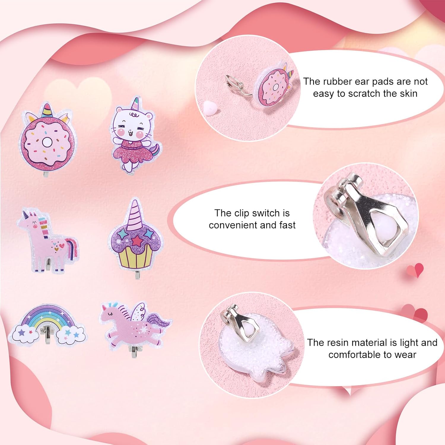 6 Pairs Clip On Earrings for Kids, Cute Princess Resin Clip On Earrings No Pierced Kids Jewelry Donut Cupcake Rainbow Design Dress Up Jewelry for Toddler Girls Party Gift - Image 4