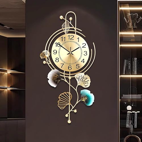 Miniatura 6 de FILLOVE Elegante reloj de pared de metal con esfera redonda silenciosa y hojas doradas y azules, moderno reloj de pared de metal silencioso que no