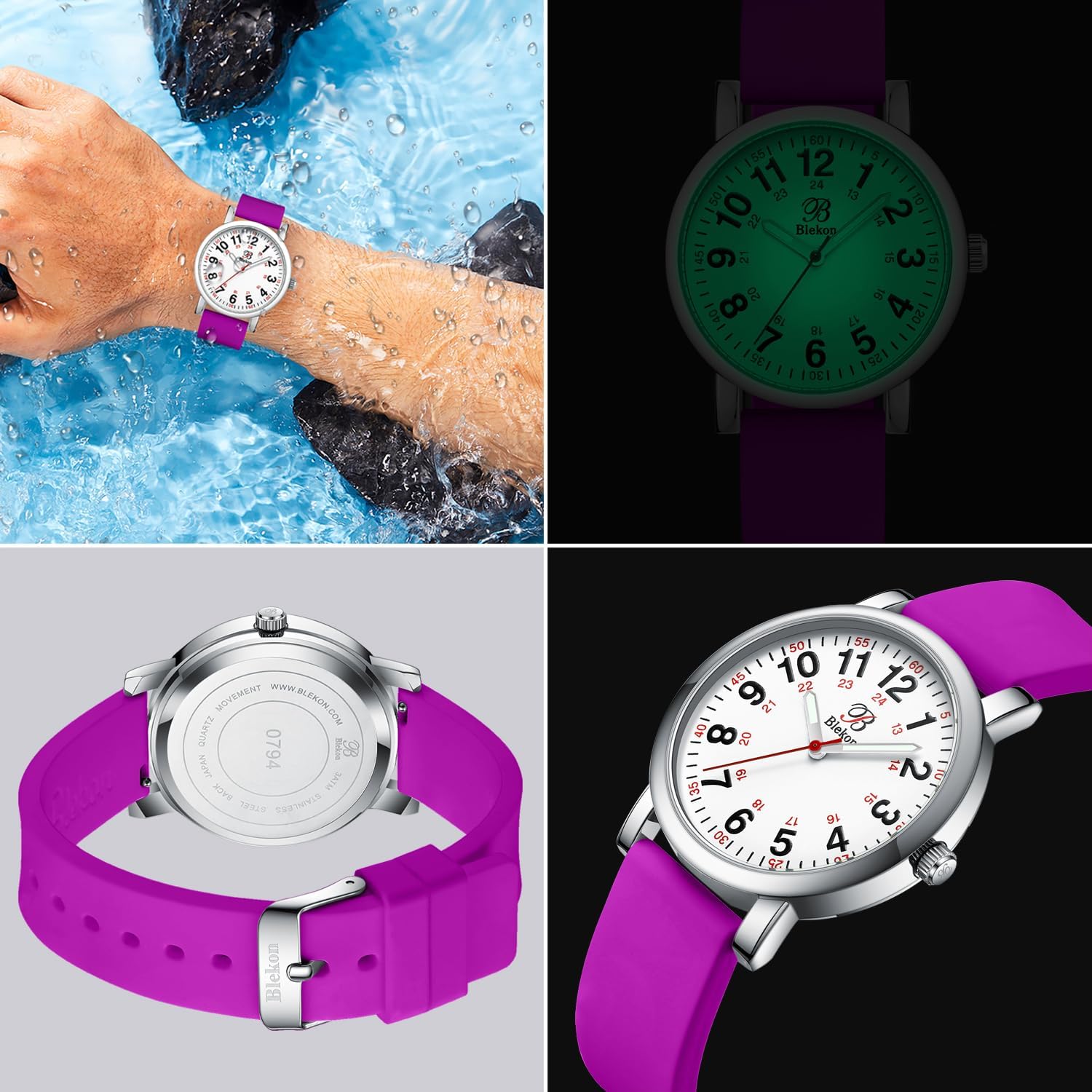 Blekon Original Nurse Watch with Second Hand – Nursing Student Essentials Work Watches for Women, Clip-On Analog Wristwatch for Nurses & Medical Students with Sweeping Secondhand (White/Magenta)