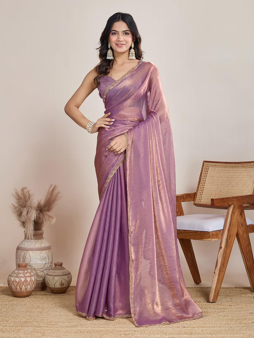 LOROFY Womens New Bollywood Party Fancy Soft Tissue Silk Embelished Lace Work Saree With Blouse Fandy Chiffon Zimmy Choo Saree - Image 2 thumbnail
