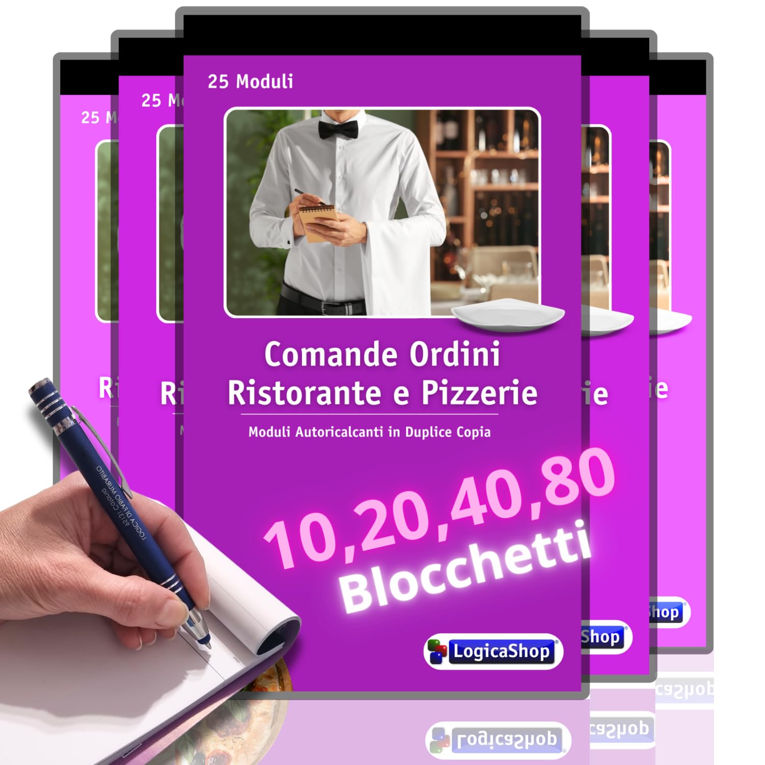 LogicaShop Blocchi Comande Ordini Ristorante Pizzeria con 25 Moduli in Duplice Copia - Blocchetti 25x2 Autoricalcanti 17x10cm (10)