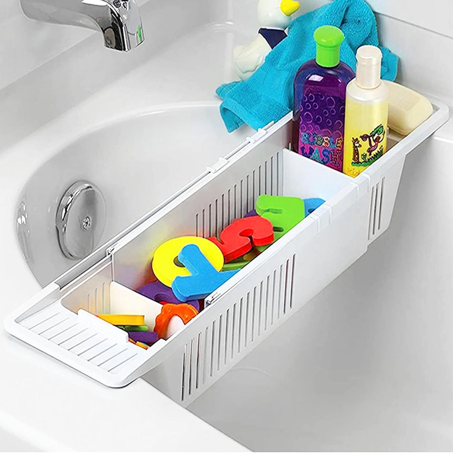 MantraRaj Extendable Bath Caddy Tray for Bathtub - Adjustable Table Over Tub - Bathroom Accessories and Storage for Kids Toys - Fits Most Sizes