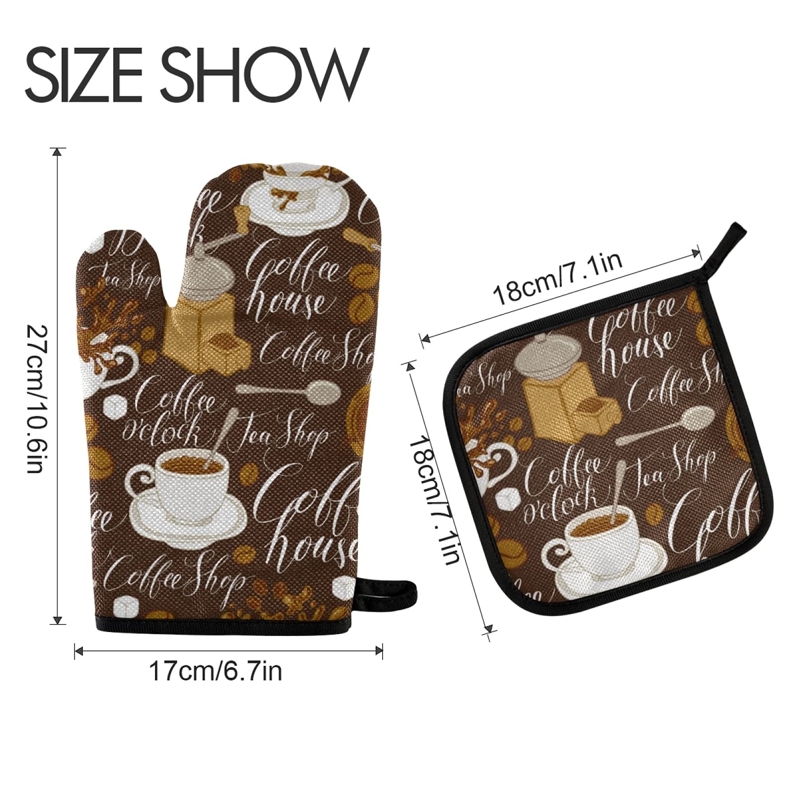 QUGRL Tea Coffee Theme Pattern Oven Mitts and Pot Holders Sets Retro Style Hot Pads Heat Resistant Cooking Gloves Handling Kitchen Cookware Bakeware BBQ