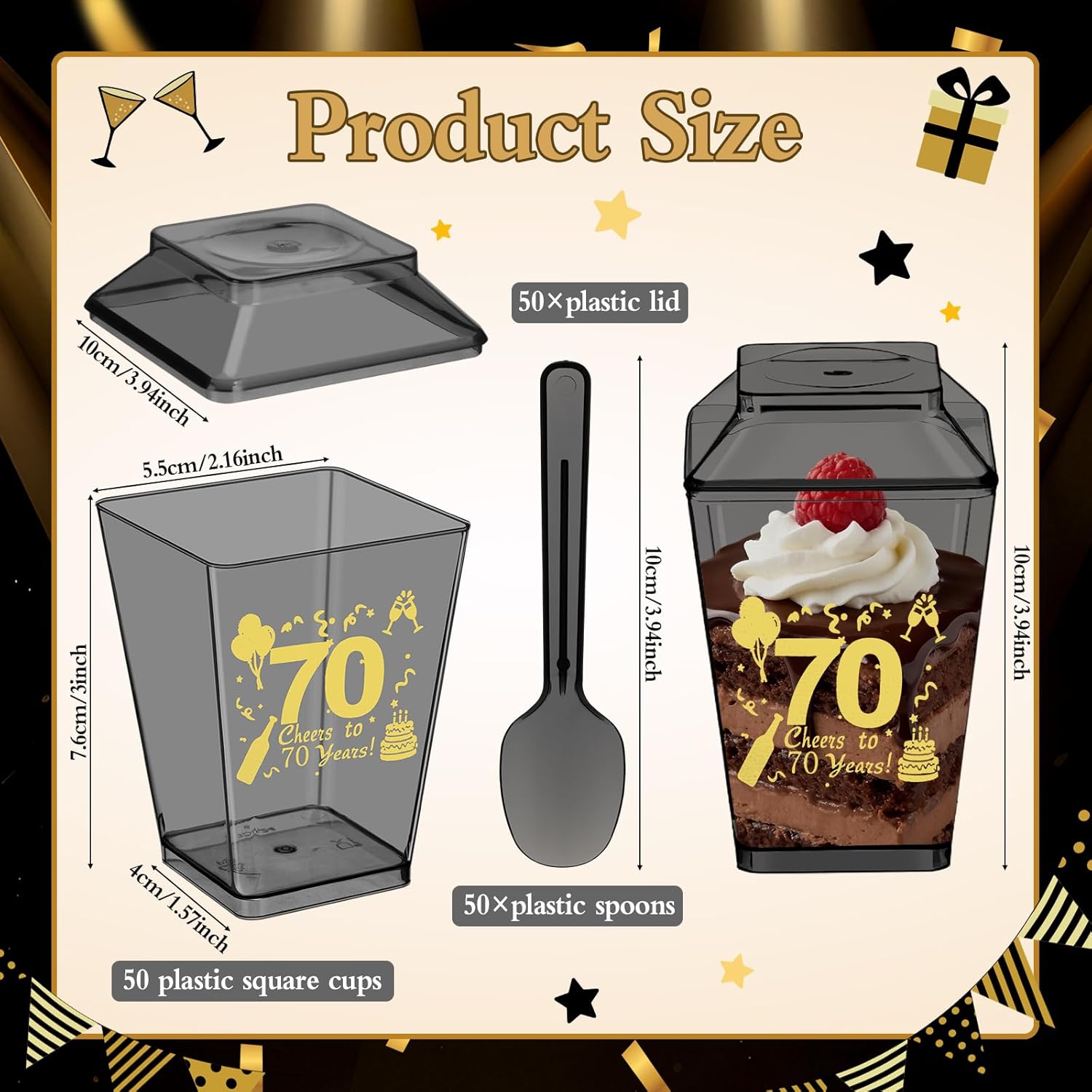 Yungyan 150 Pcs 70th Birthday Dessert Cups 5 oz Cheers to 70 Years Decoration Black Plastic Dessert Cups with Lids Spoon 70th Birthday Party Favors for Women Men Wedding Anniversary Party Supplies