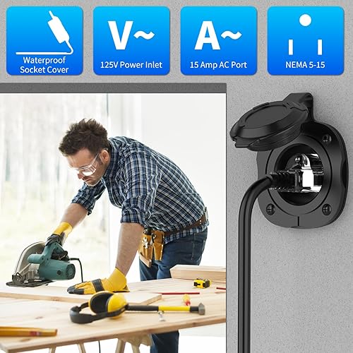 Miniatura 5 de Enchufe de puerto de CA de 15 amperios, enchufe de entrada de alimentación de 125 V con cubierta impermeable y cable de extensión dual integrado de