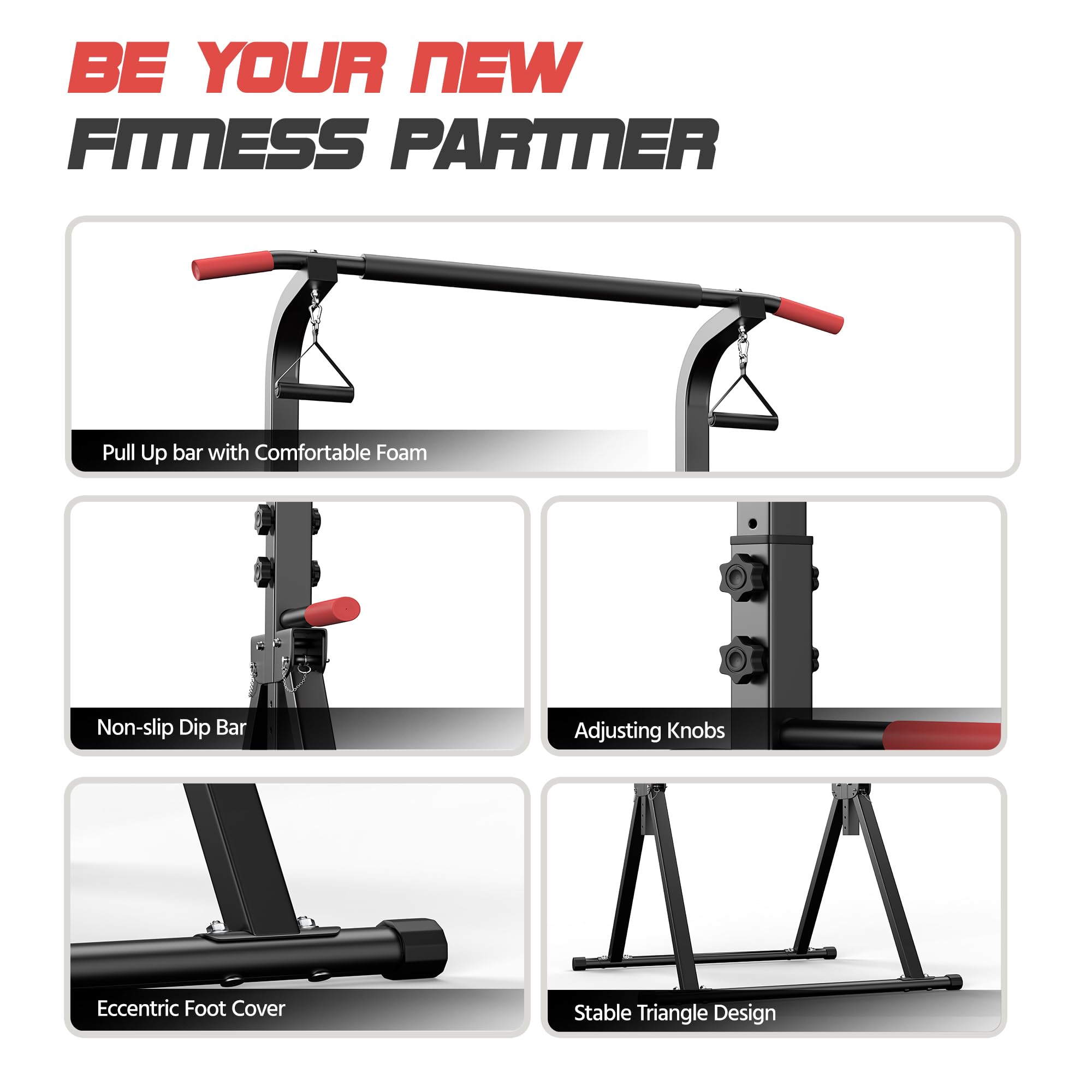 Faltbar Power Tower Dip Station, Klimmzugstange freistehend mit Aufhängering, Multifunktions Home Gym Trainingsgerät, Höhenverstellbar von 175-210cm,Home-Gym Belastbar 150kg