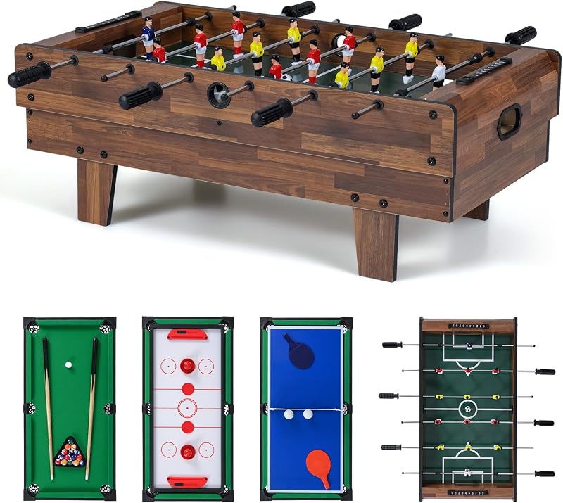 COSTWAY Tavolo Multigioco, Gioco Multifunzione 4 in 1-Calcio Balilla, Tavolo da Biliardo, Ping Pong, Air Hockey, Calcetto Multigioco per Adulti e Bambini, Casa Feste Bar (Marrone)