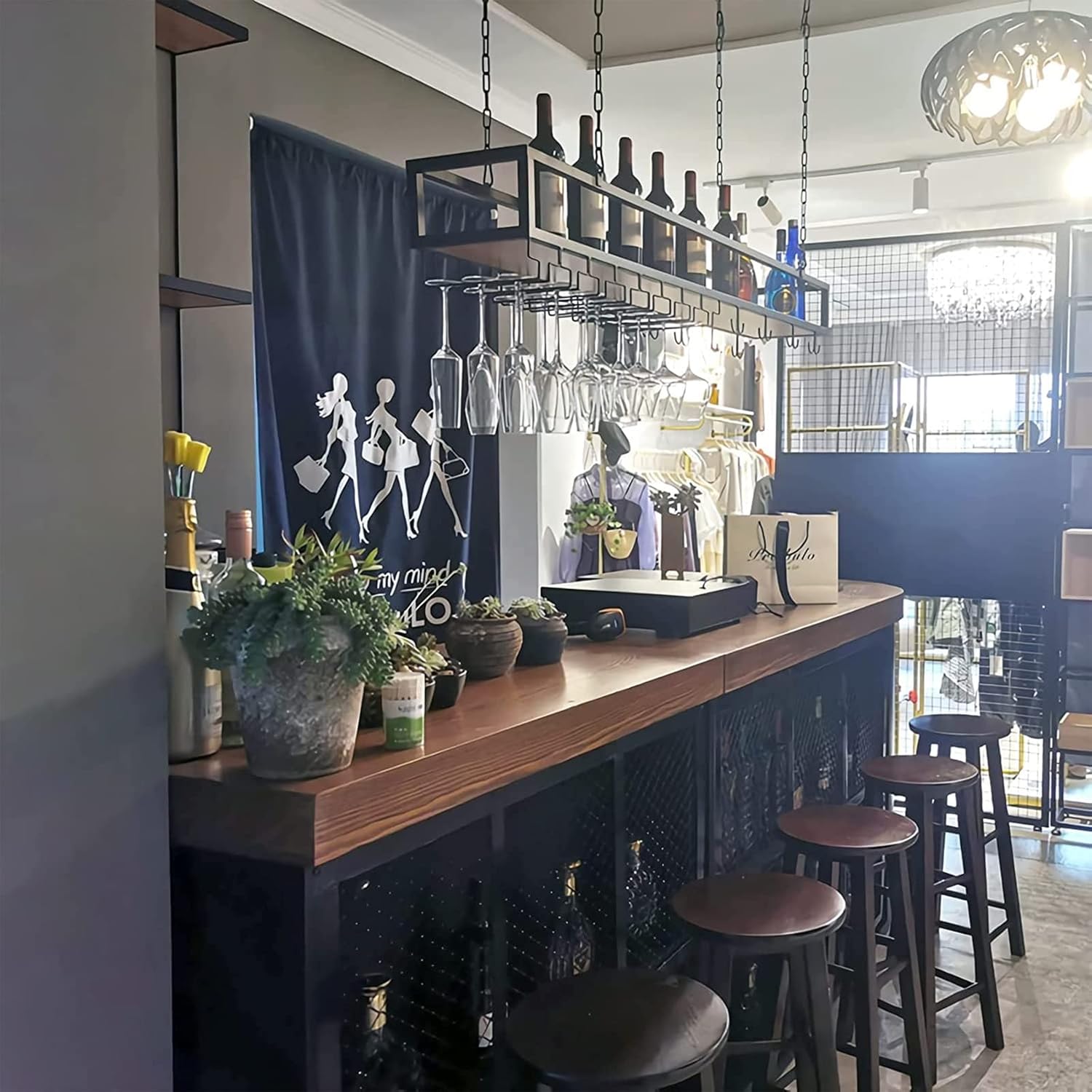 Ceiling Wine Glass Rack Ceiling Hanging Wine Rack,with 1m Long Iron Chain Industrial Wooden Shelves,Height Adjustable,Stemware Holder,for Bar/Kitchen/Restaurants