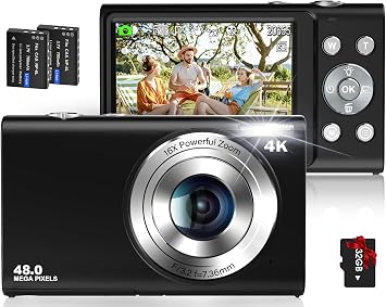 4K Digital Camera Autofocus 48MP Vlogging Camera HD 16X Digital Zoom Camera YouTube Portable Mini Compact Camera Gift for Kids Teens Adult Beginner 32G Memory Card 2 Batteries