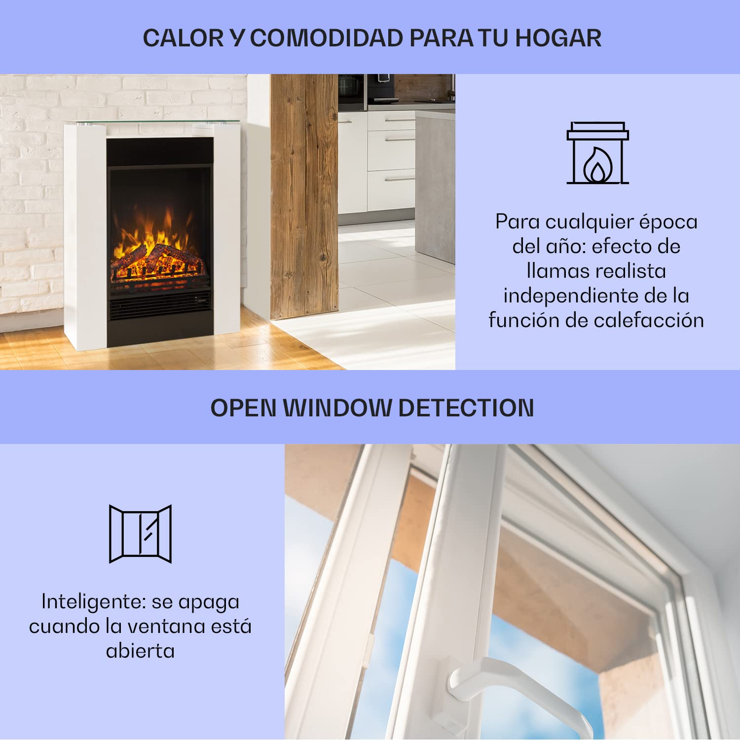 Klarstein Chimenea Electrica Pared, Estufa sin Leña de Interior, Chimeneas Electricas Decorativas 1800W, Llama LED, Chimenea Decorativa Falsa, Mando a Distancia, Temporizador y Termostato Ajustable